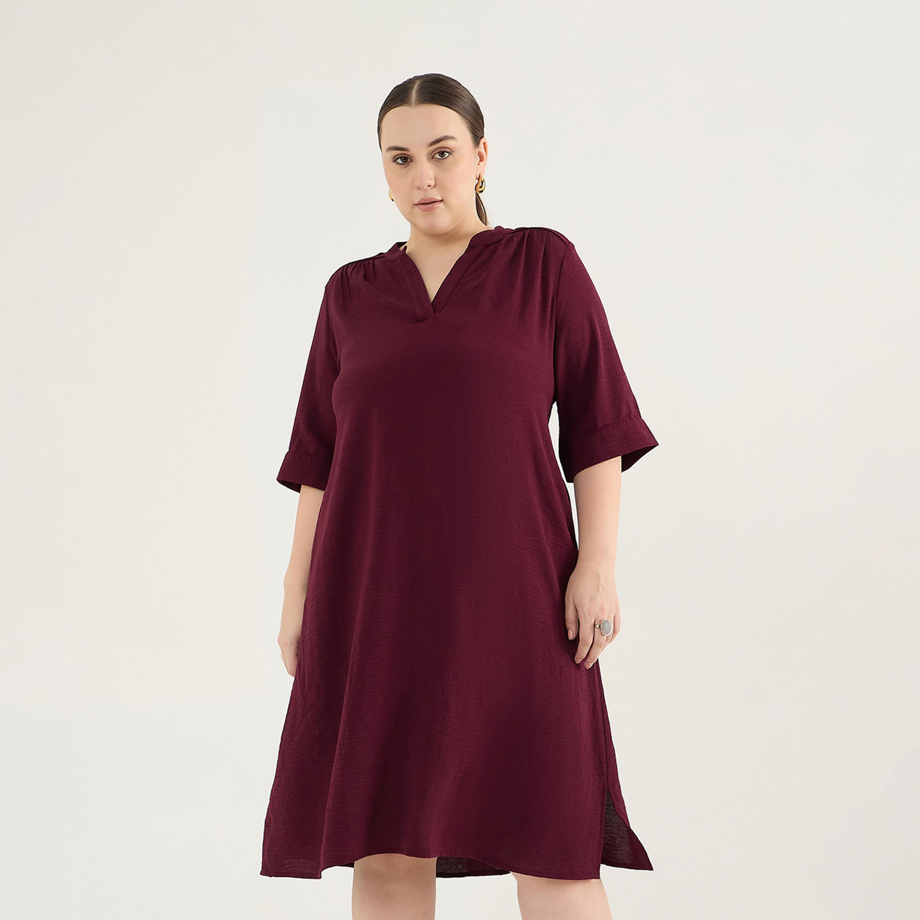 Femmella X Styli Plus Size Pleated V-Neck Knee Length Dress-women-clothing-dresses-image-1