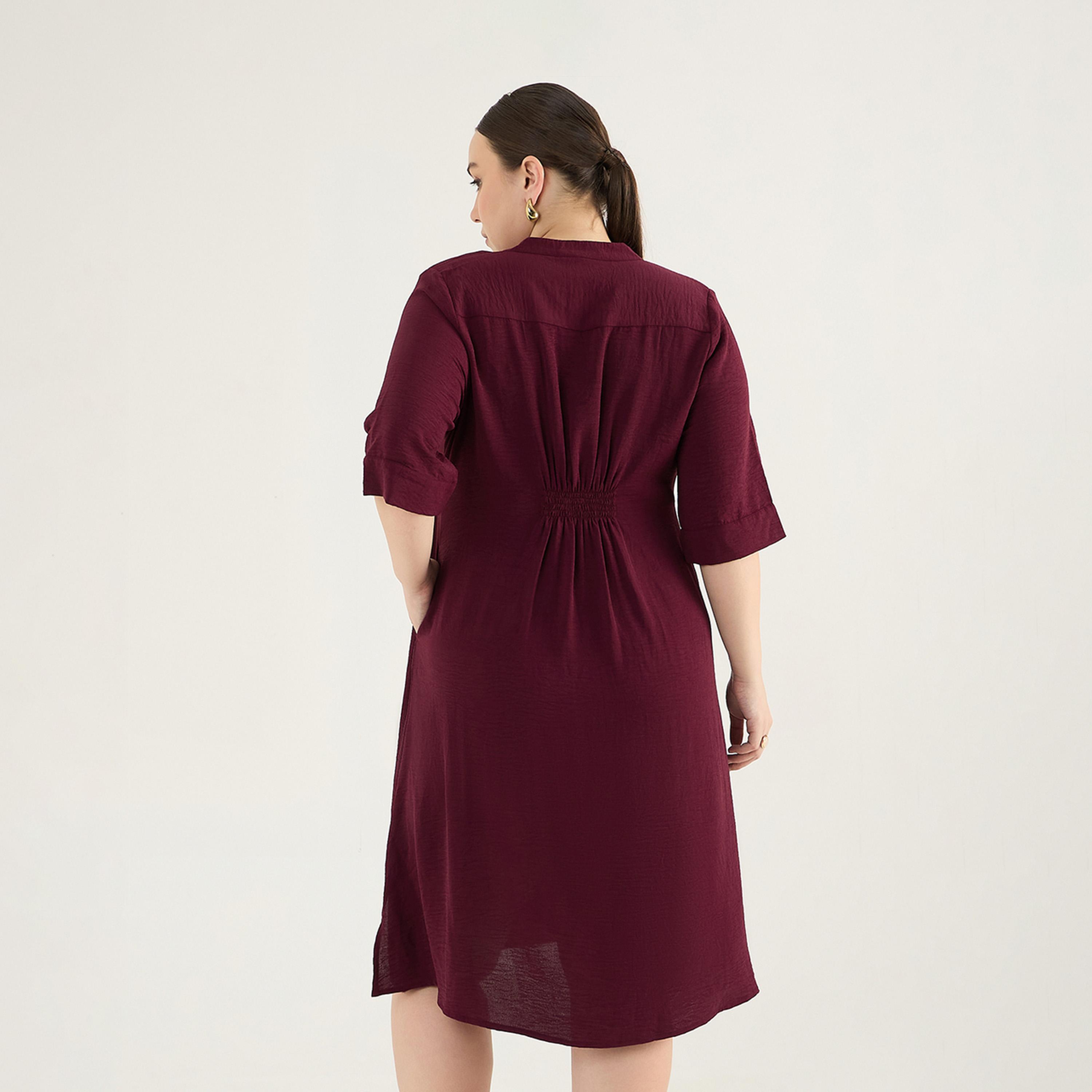 Femmella X Styli Plus Size Pleated V-Neck Knee Length Dress-women-clothing-dresses-image-2