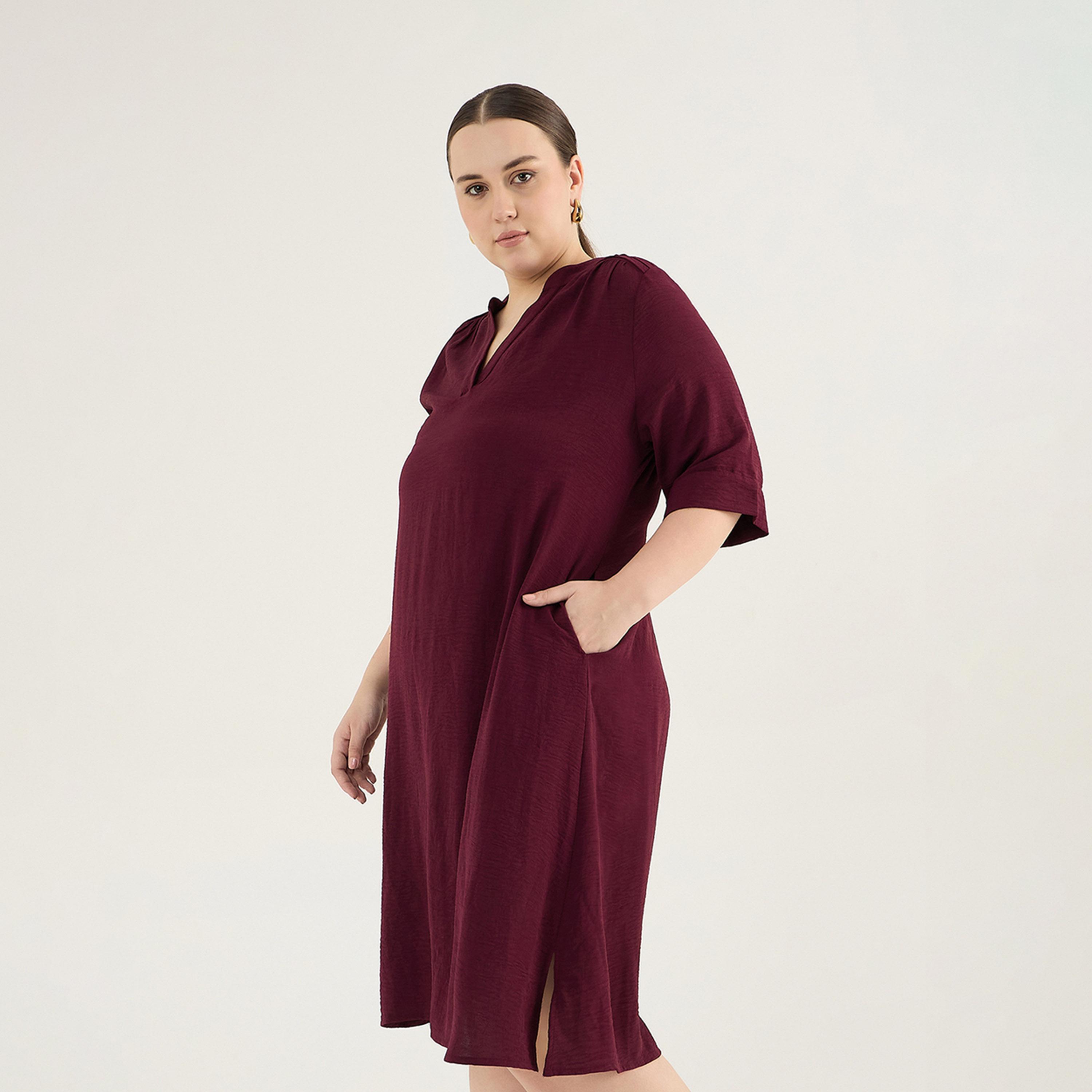 Femmella X Styli Plus Size Pleated V-Neck Knee Length Dress-women-clothing-dresses-image-3