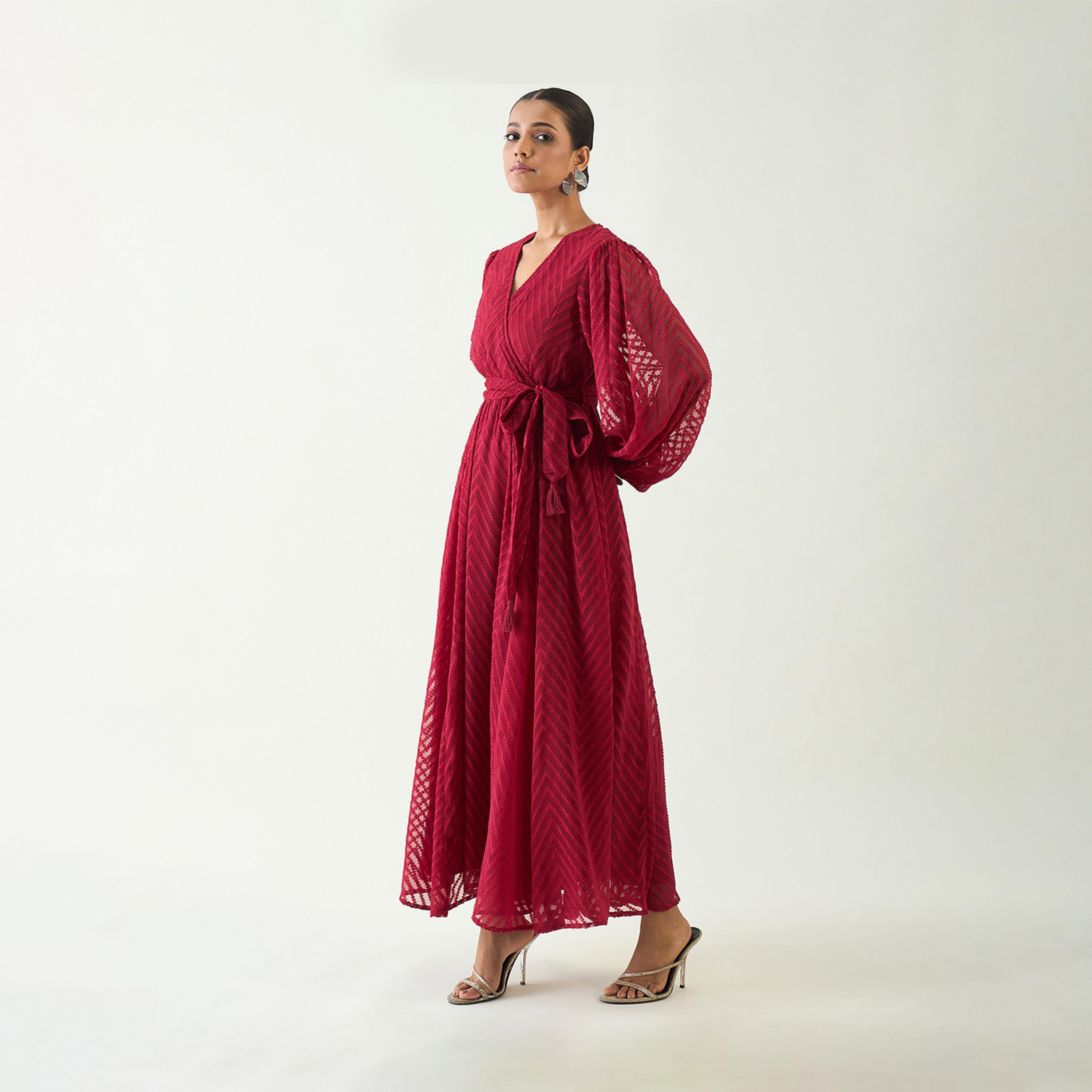 Femmella X Styli Chevron Dobby Balloon Sleeve Wrap Maxi Dress-women-clothing-dresses-image-1