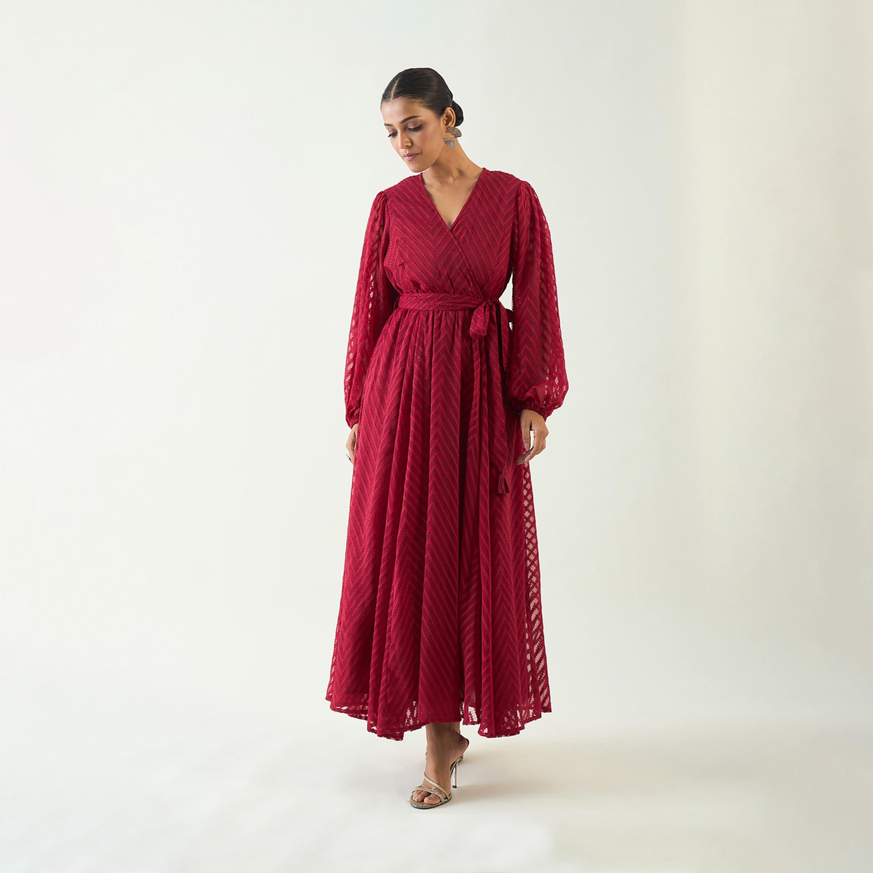 Femmella X Styli Chevron Dobby Balloon Sleeve Wrap Maxi Dress-women-clothing-dresses-image-2