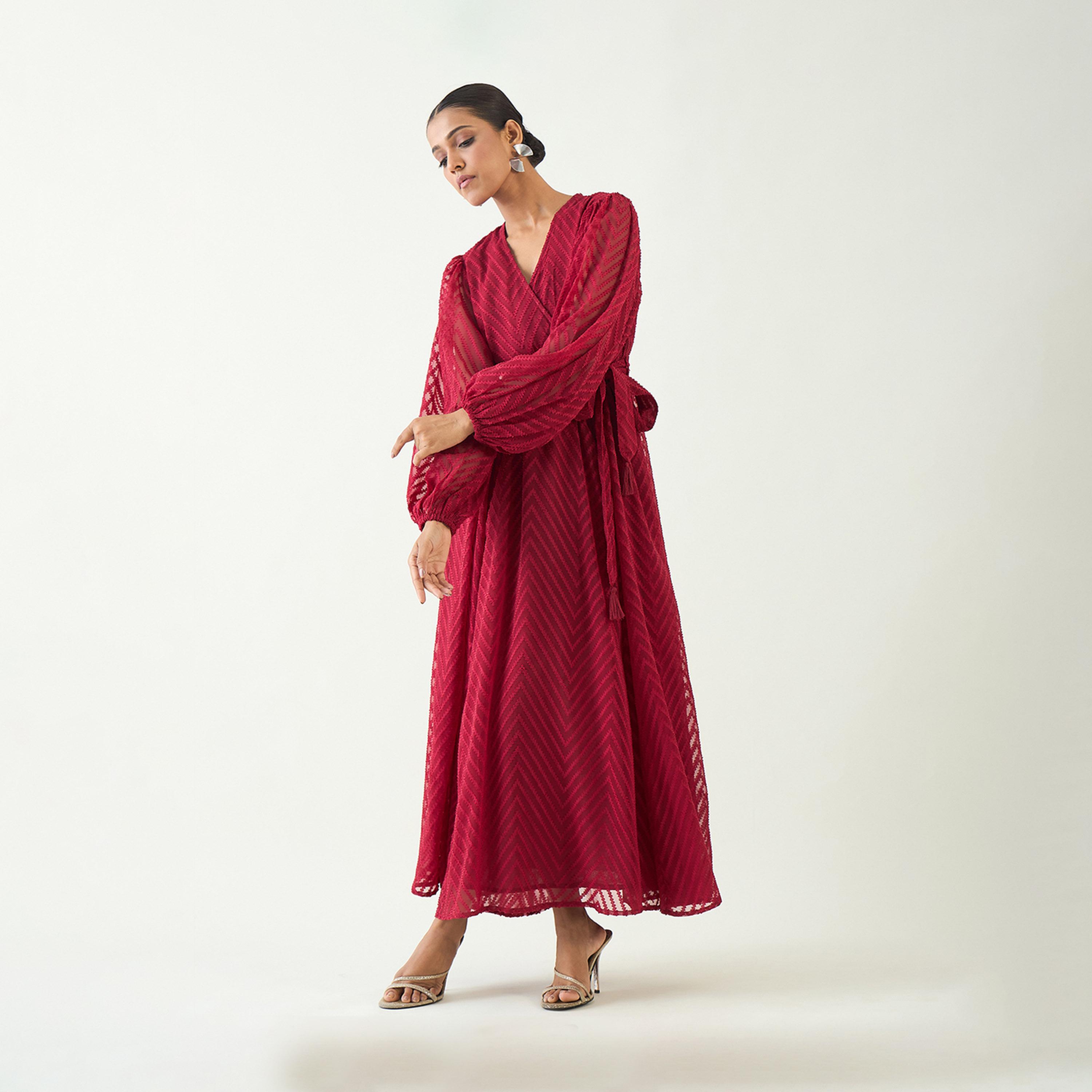 Femmella X Styli Chevron Dobby Balloon Sleeve Wrap Maxi Dress-women-clothing-dresses-image-3