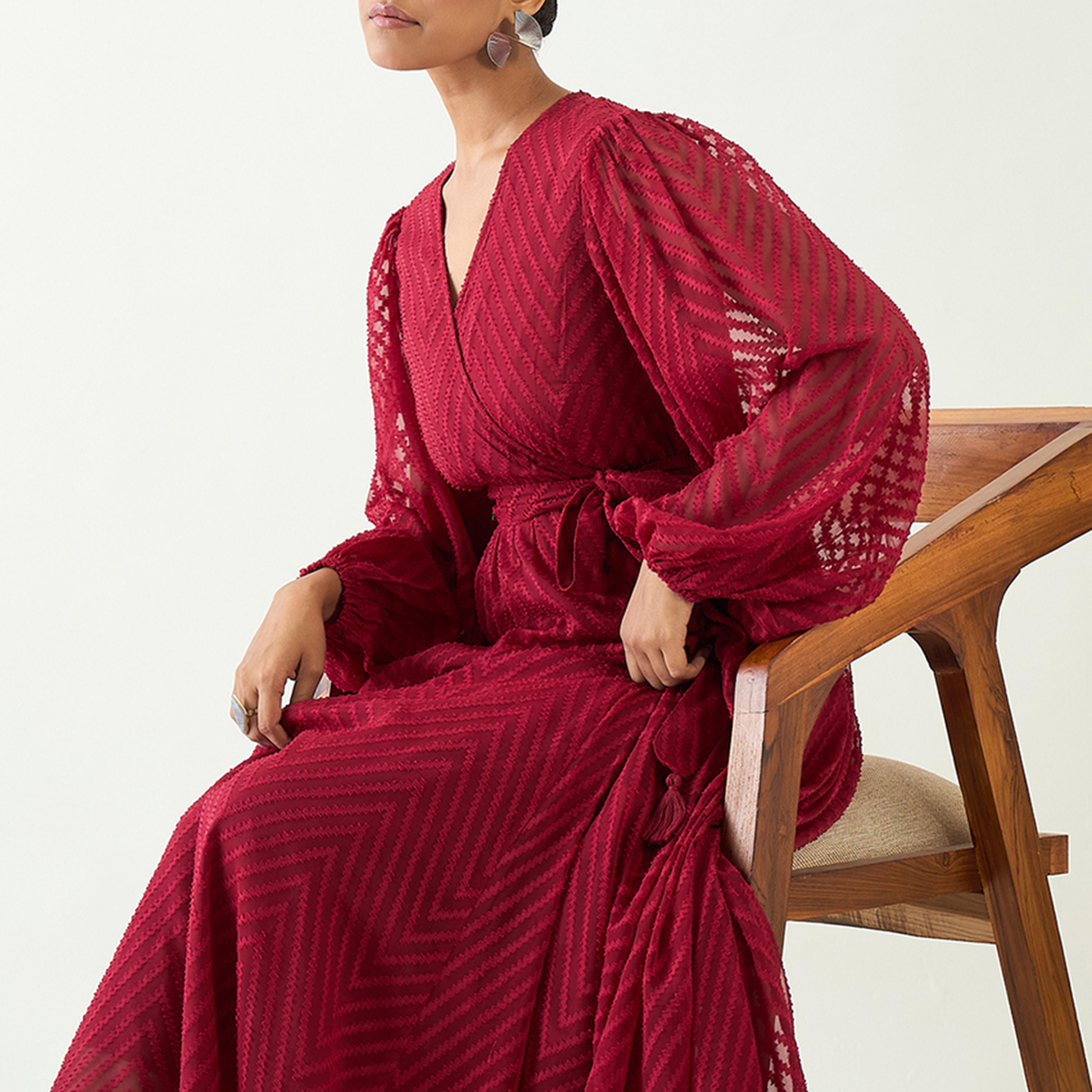 Femmella X Styli Chevron Dobby Balloon Sleeve Wrap Maxi Dress-women-clothing-dresses-image-4