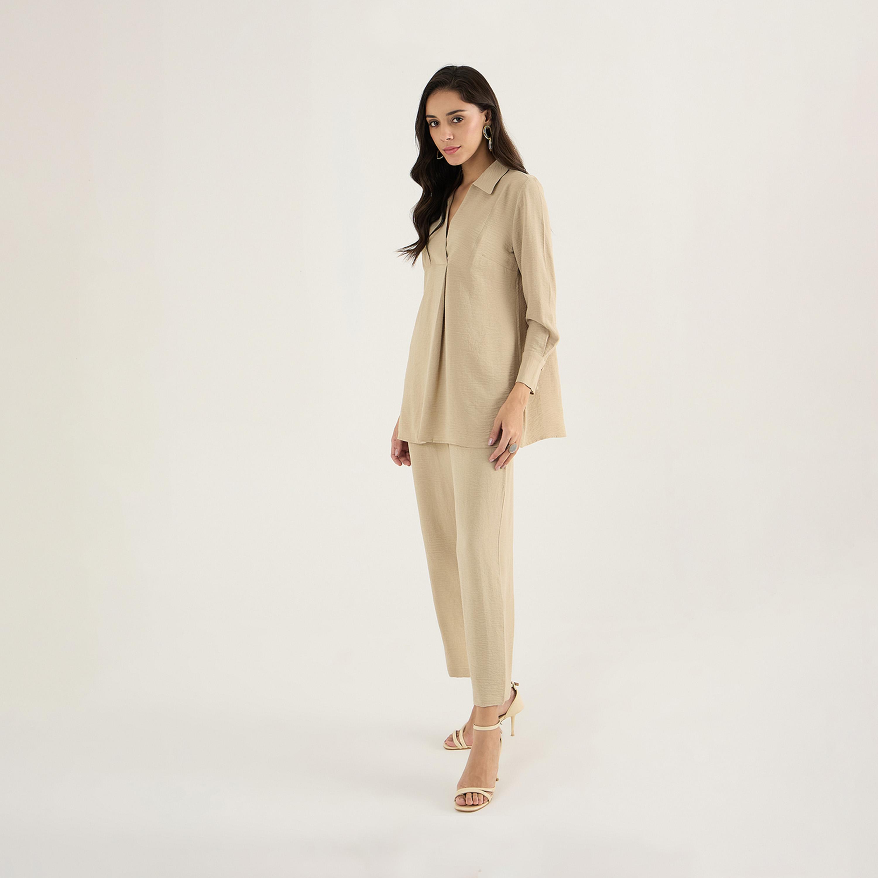 فيميلا × ستايلي - طقم بتصميم ياقة باللون البيج-women-clothing-coordsets-image-4