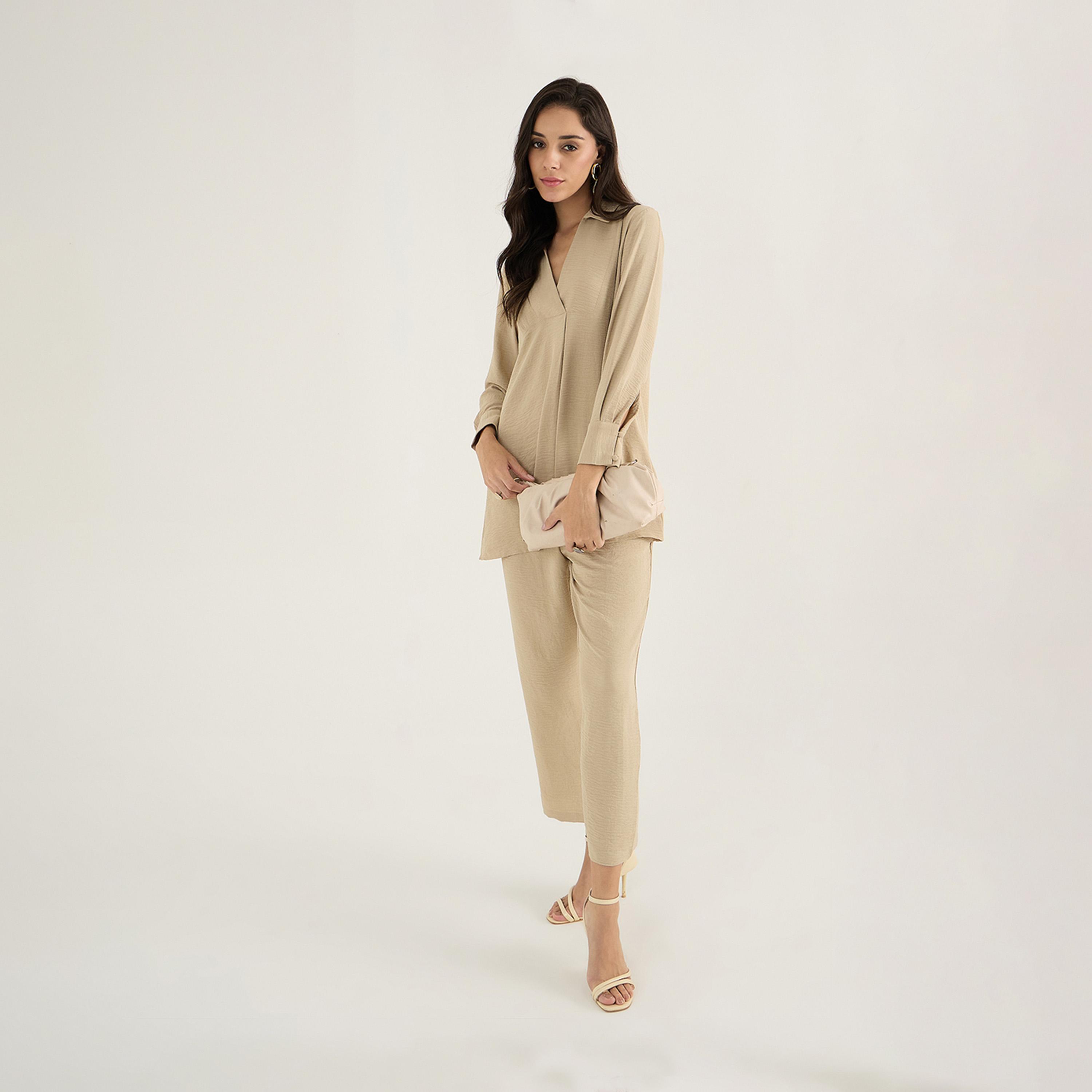 Femmella X Styli Beige Yoke Detail Co-Ord Set-women-clothing-coordsets-image-6