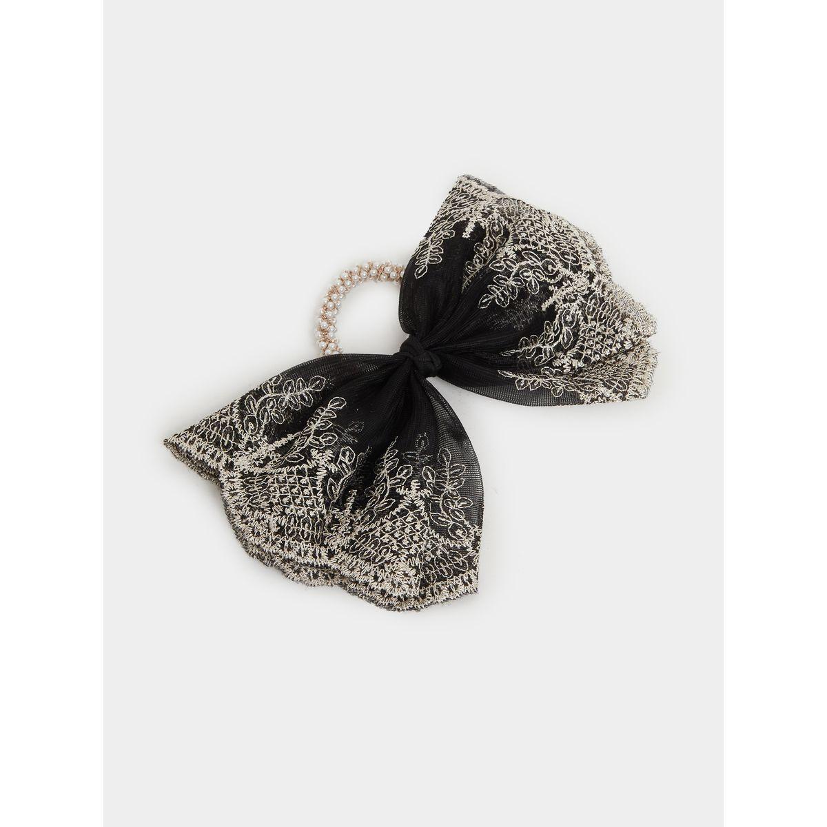 Styli Oversized Lace Bow Hair Tie with Faux Pearl Detail-women-hairaccessories-bands-image-2