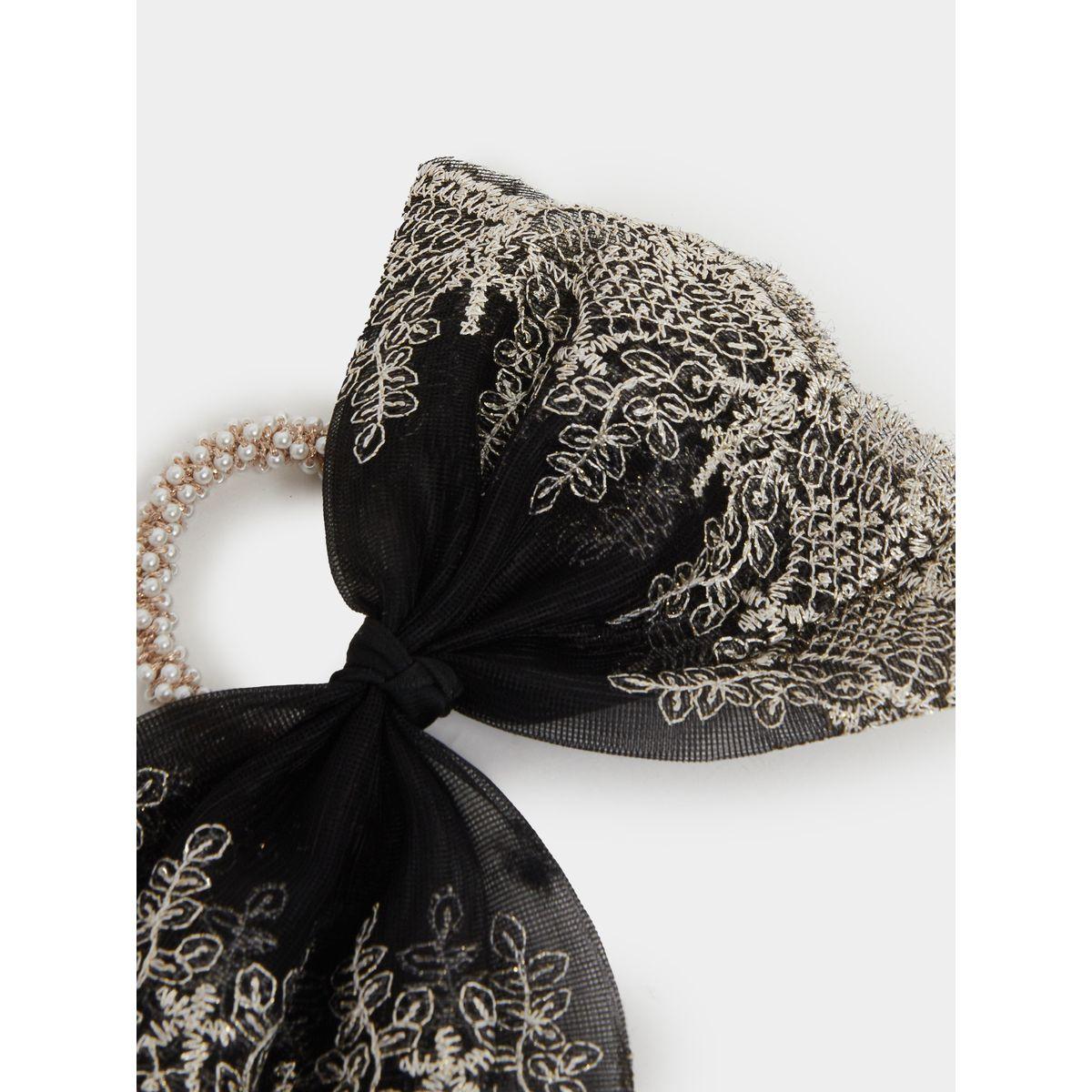 Styli Oversized Lace Bow Hair Tie with Faux Pearl Detail-women-hairaccessories-bands-image-3