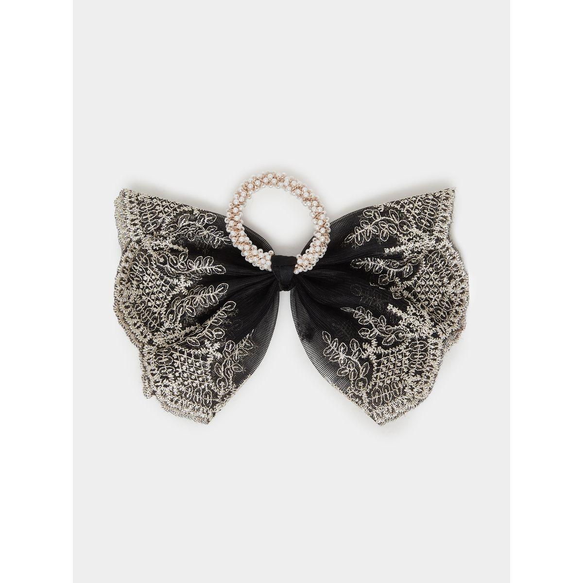 Styli Oversized Lace Bow Hair Tie with Faux Pearl Detail-women-hairaccessories-bands-image-4