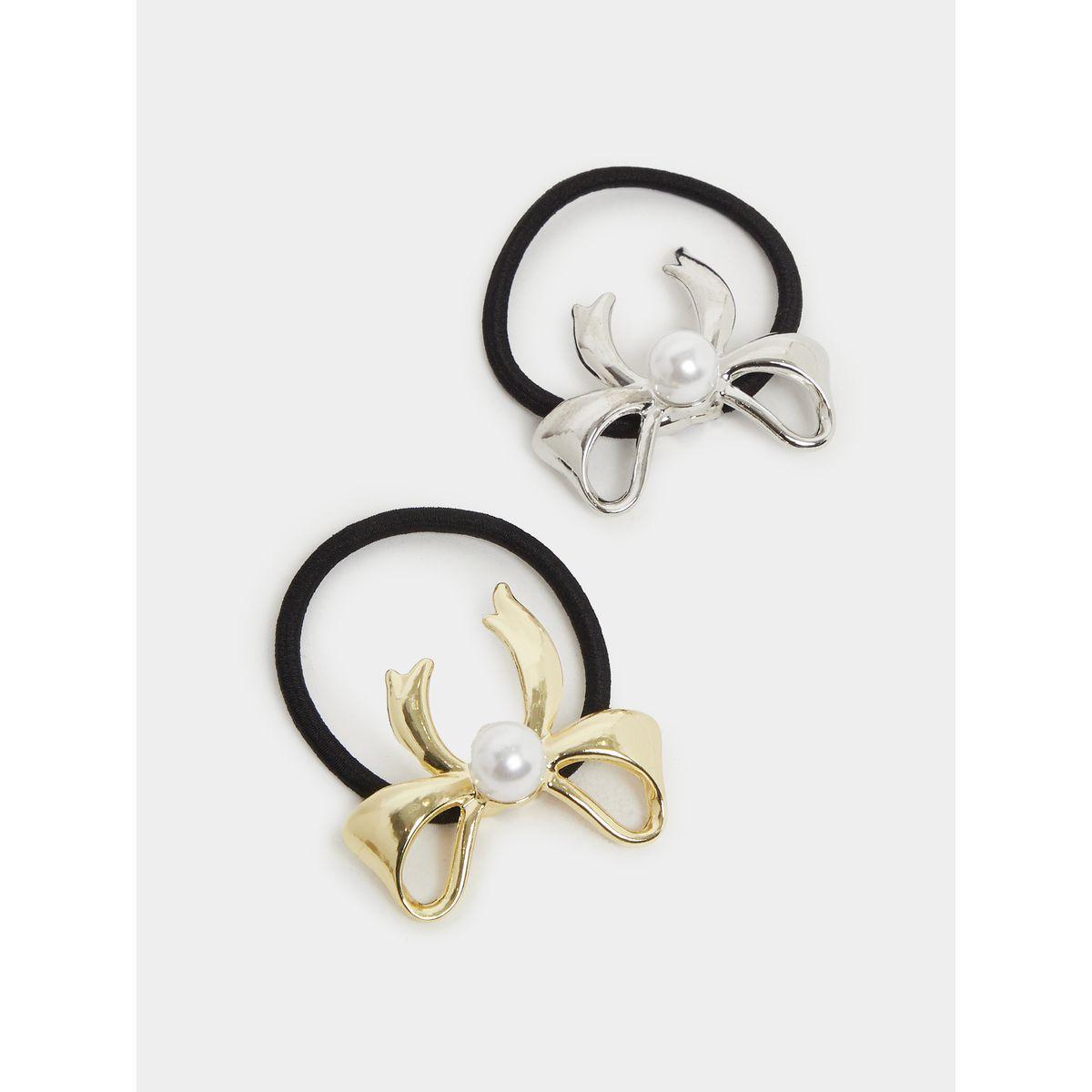 Styli Set of 2 - Faux Pearl Detail Bow Hair Tie-women-hairaccessories-bands-image-1