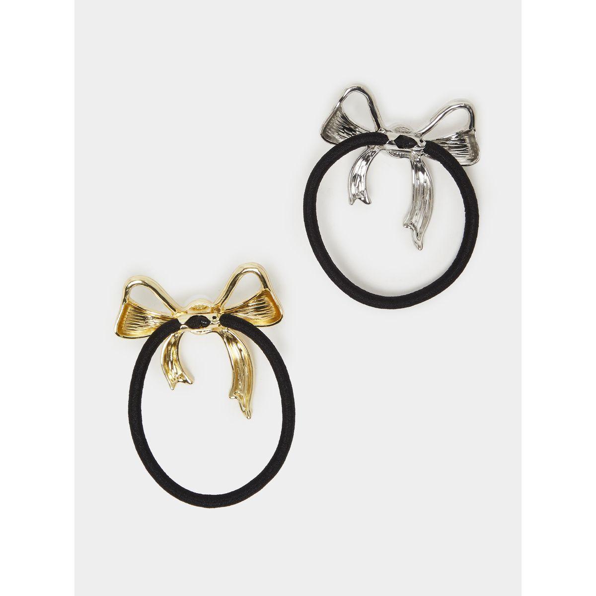 Styli Set of 2 - Faux Pearl Detail Bow Hair Tie-women-hairaccessories-bands-image-2