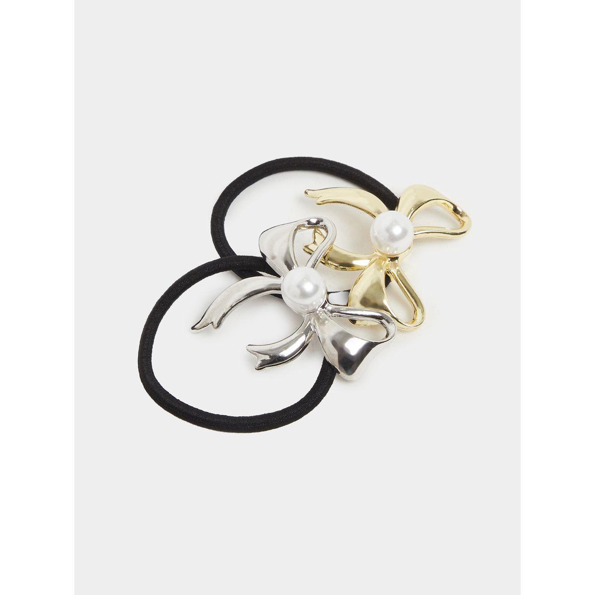 Styli Set of 2 - Faux Pearl Detail Bow Hair Tie-women-hairaccessories-bands-image-3