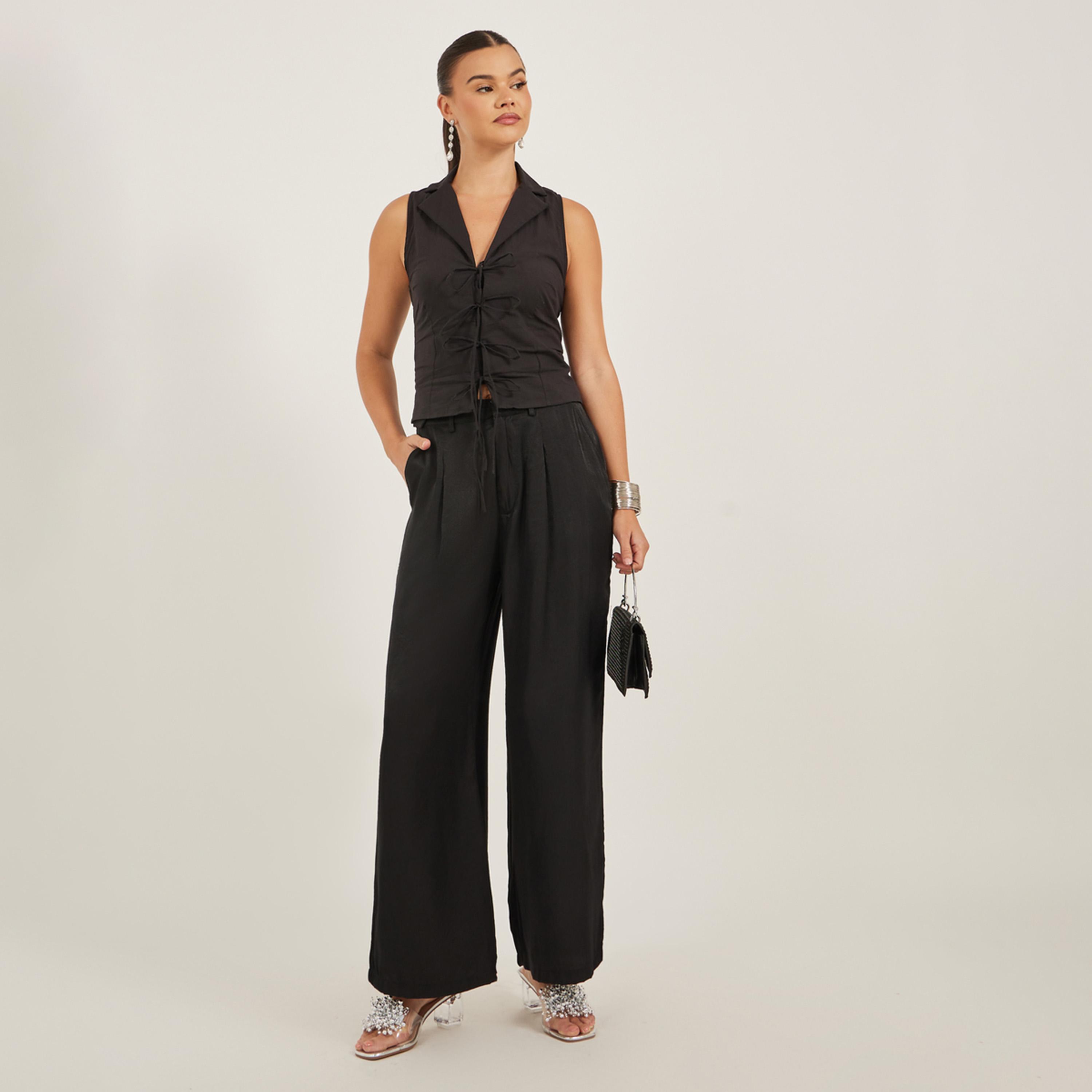 ستايلي - بنطال سادة واسع الساق مع كسرات وحلقات للحزام-women-clothing-bottoms-trousers-image-1
