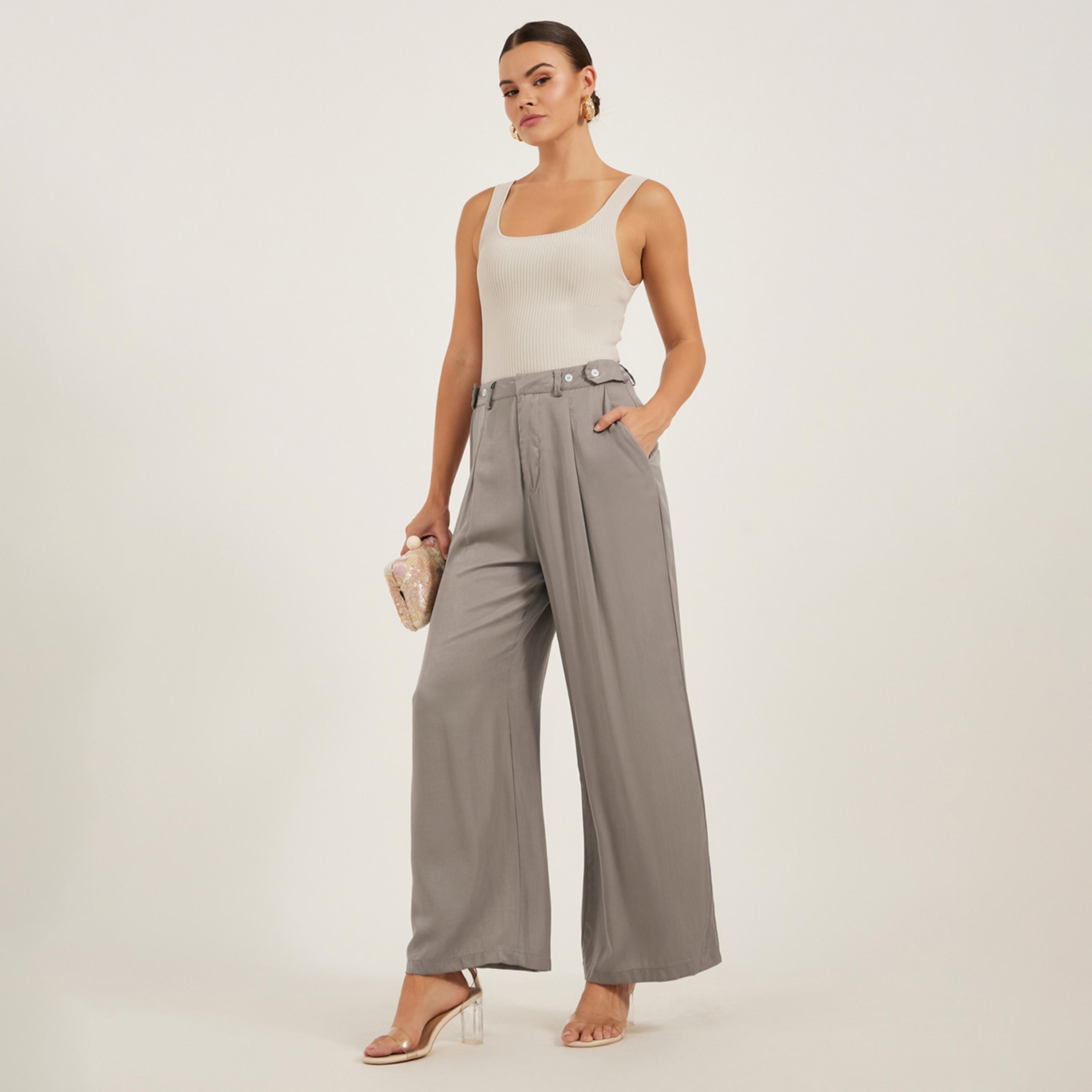 Styli Solid Pleated Wide Leg Pants with Belt Loops-women-clothing-bottoms-trousers-image-1