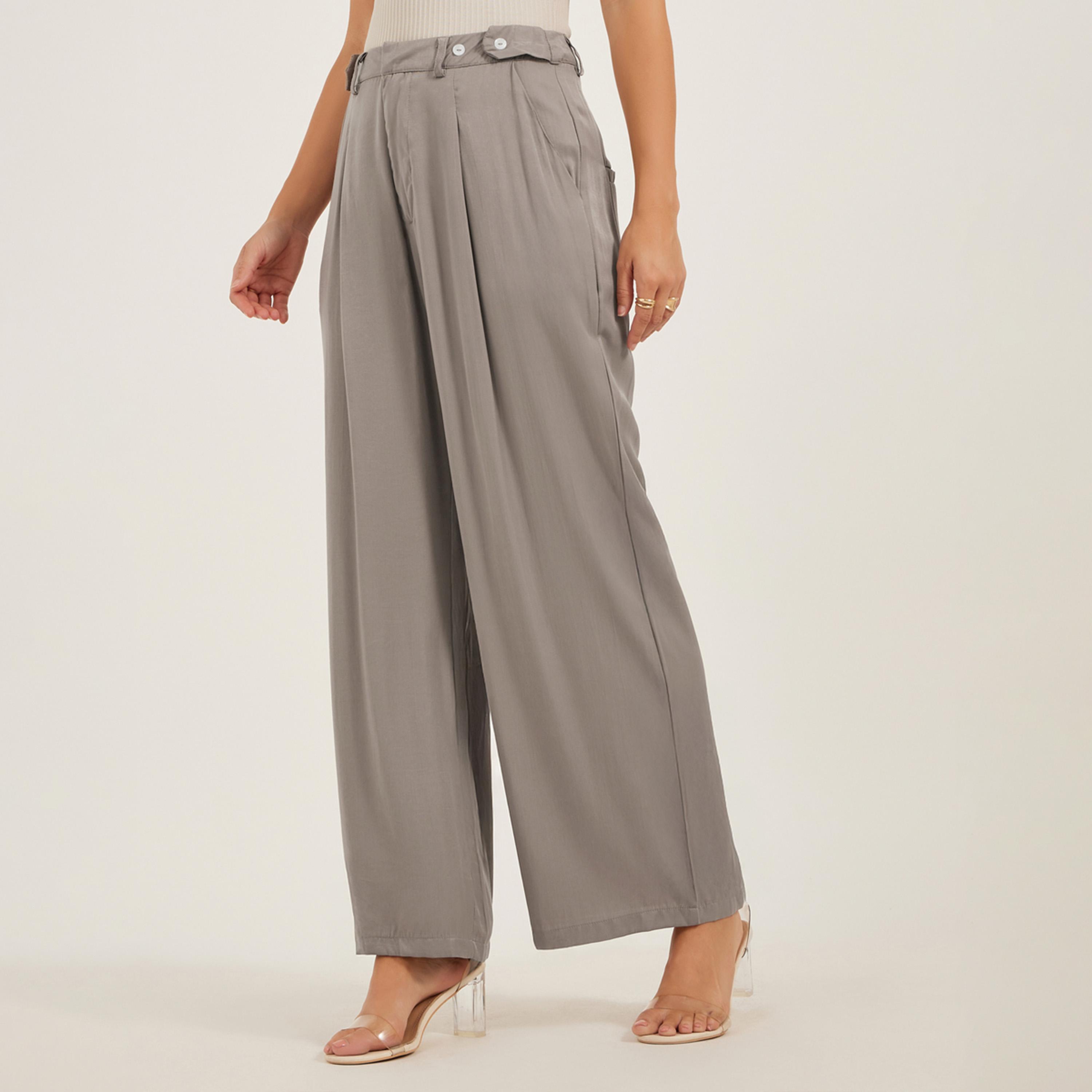ستايلي - بنطال سادة واسع الساق مع كسرات وحلقات للحزام-women-clothing-bottoms-trousers-image-2