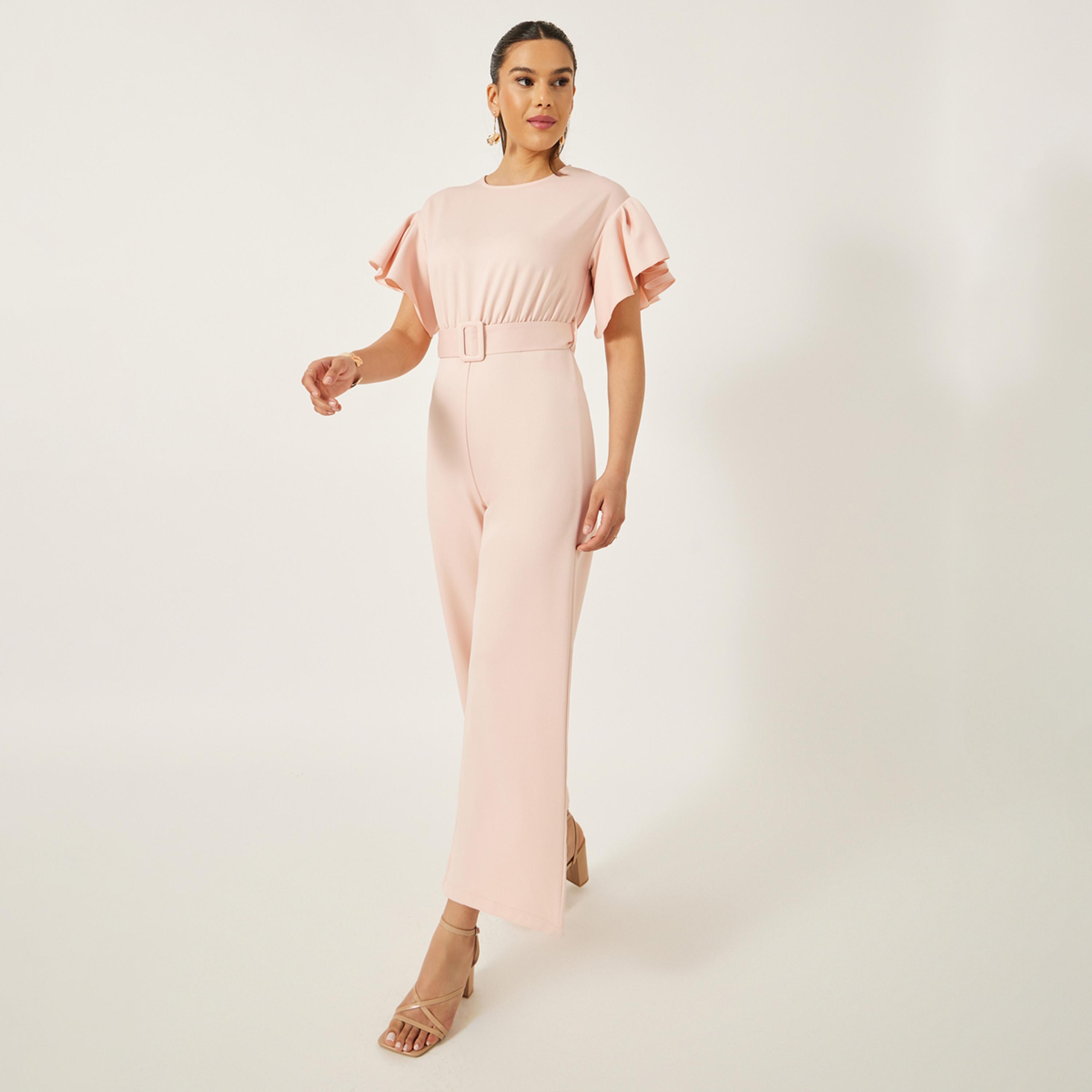 ستايلي - جمبسوت بأكمام منفوخة ورقبة دائرية وحزام-women-clothing-jumpsuits-image-2