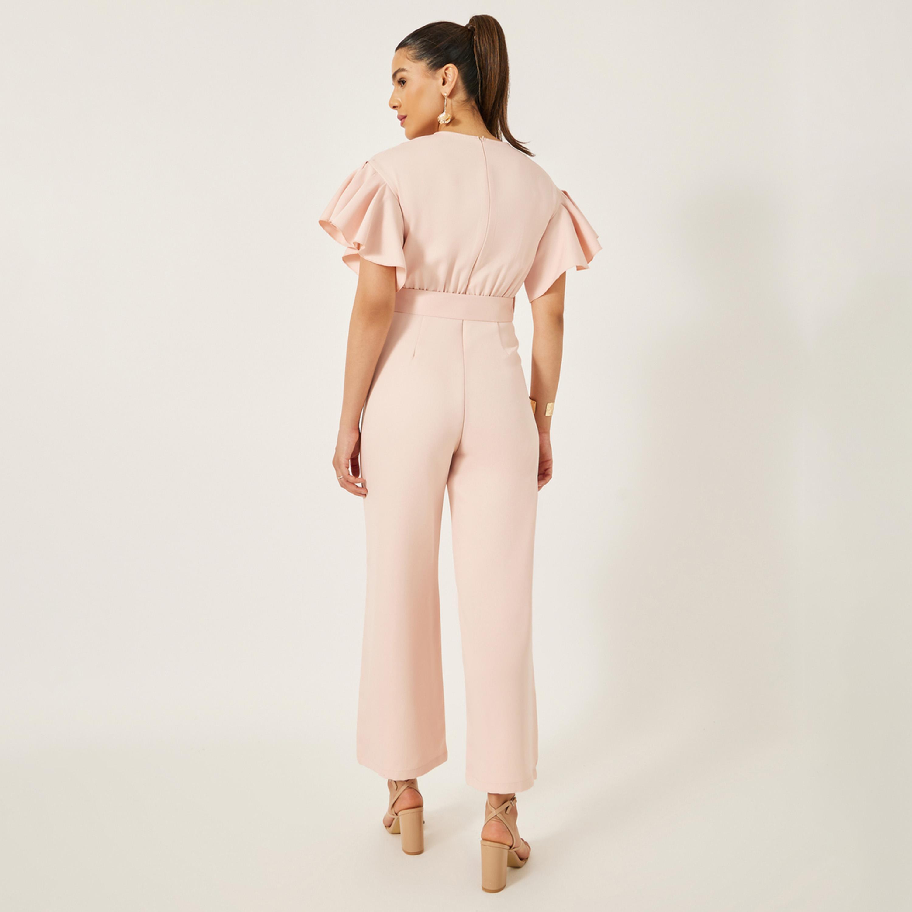 ستايلي - جمبسوت بأكمام منفوخة ورقبة دائرية وحزام-women-clothing-jumpsuits-image-5