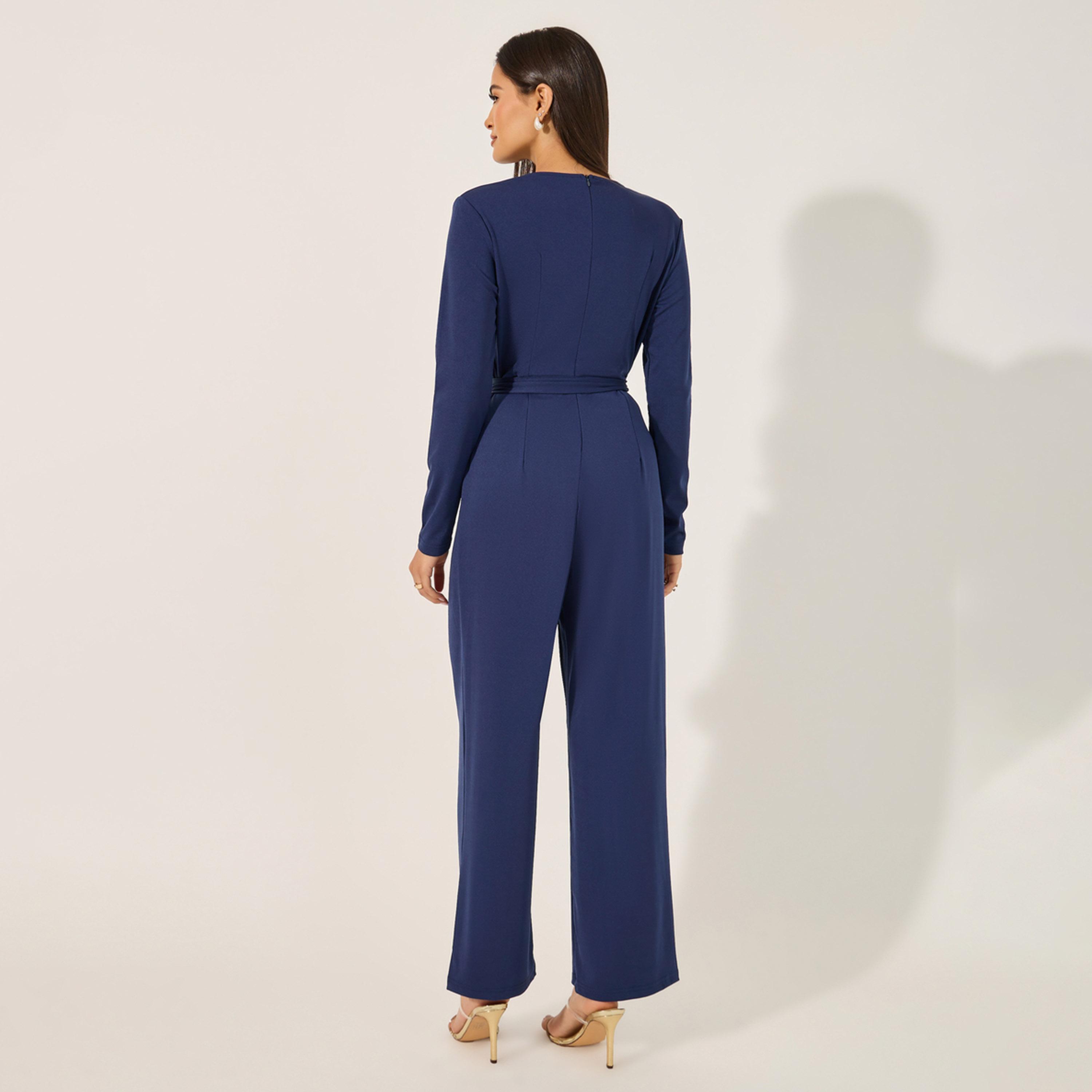 Styli V Neck Long Sleeve Jumpsuit In Stretchy Fabric With Tie Belt At Waist-women-clothing-jumpsuits-image-4