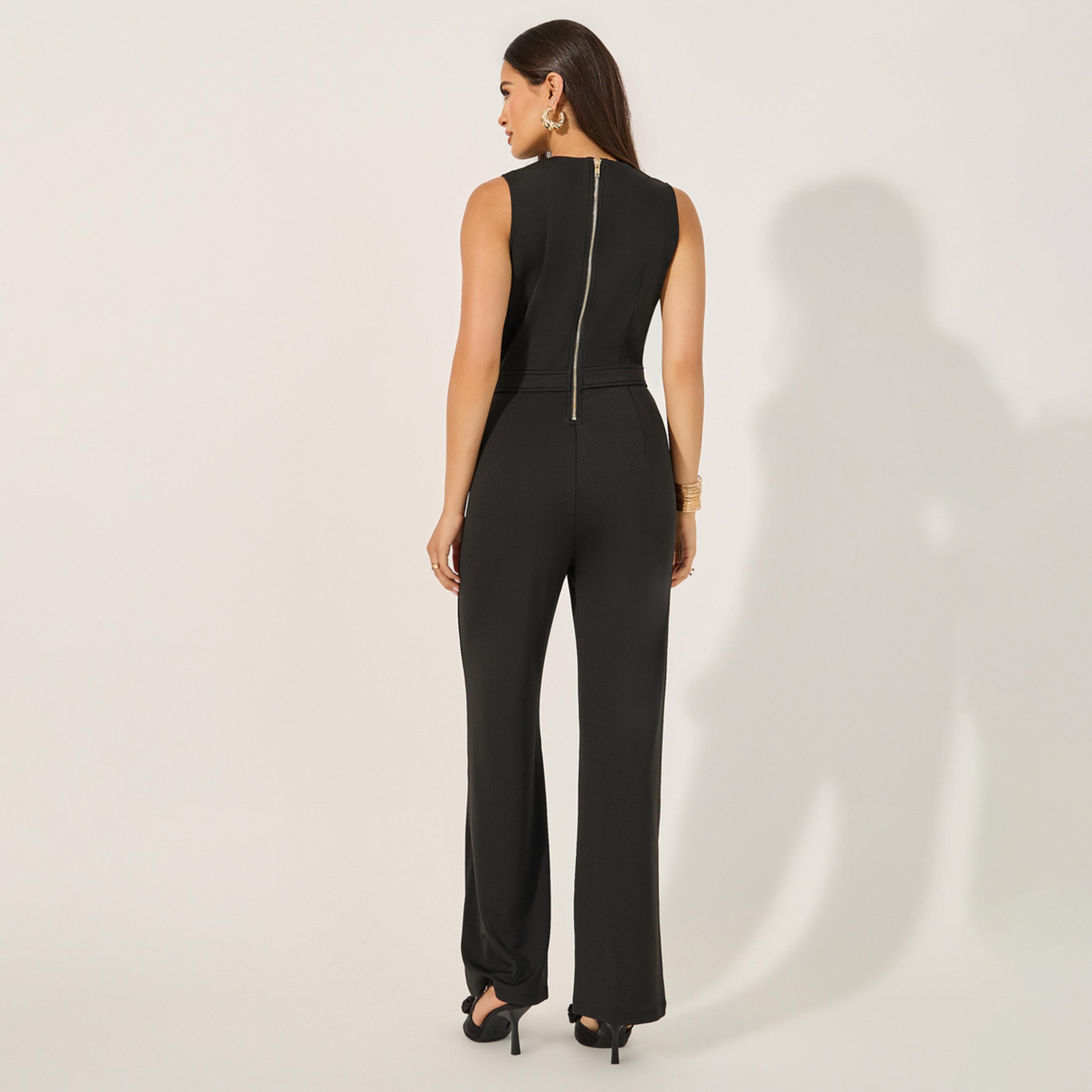 Styli Double Breasted Look Tailored Wide Leg Fit Jumpsuit In Stretchy Knit Fabric And Gold Coat Buttons-women-clothing-jumpsuits-image-4
