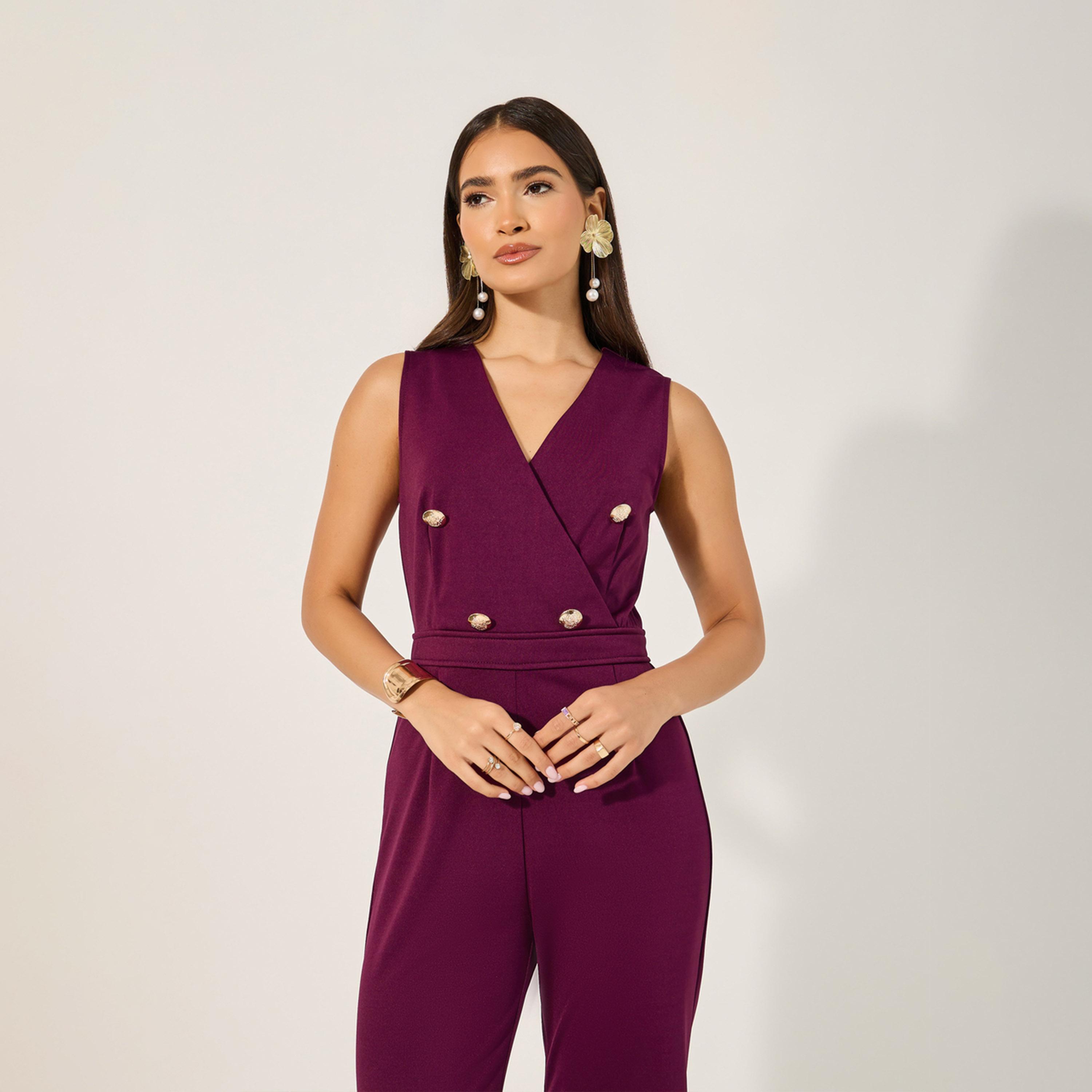 Styli Double Breasted Look Tailored Wide Leg Fit Jumpsuit In Stretchy Knit Fabric And Gold Coat Buttons-women-clothing-jumpsuits-image-2