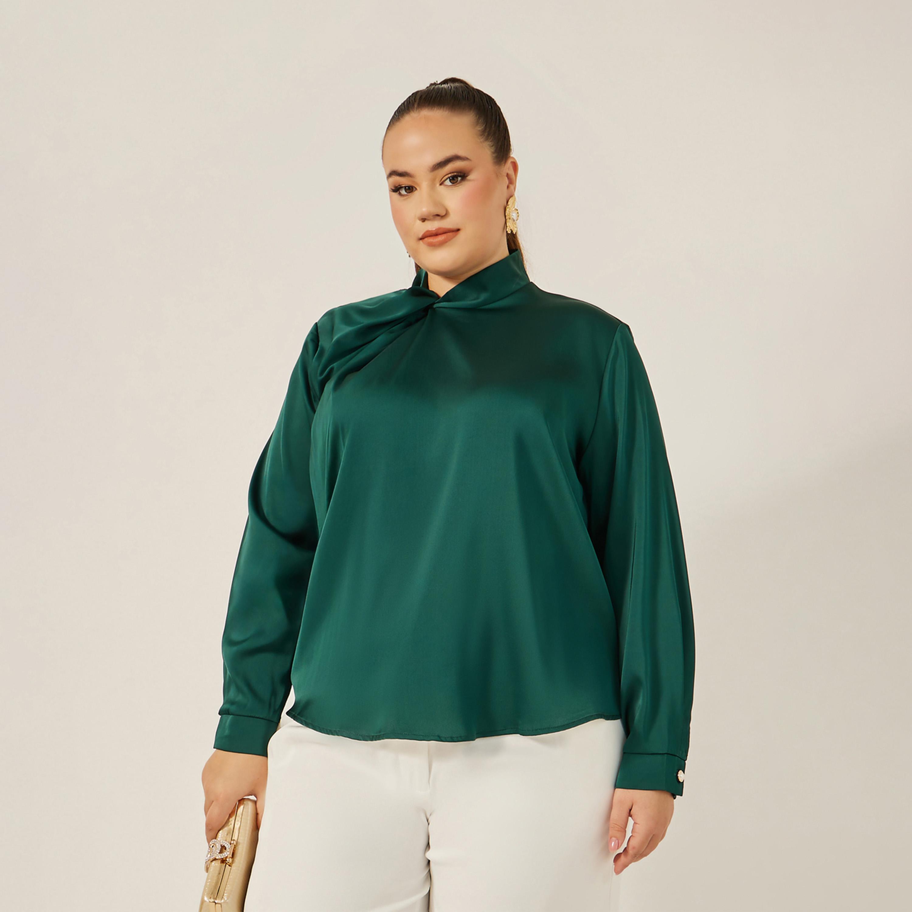 Styli Plus Size Satin Twist Neck Regular Fit Blouse-women-clothing-shirtsandblouses-blouses-image-1