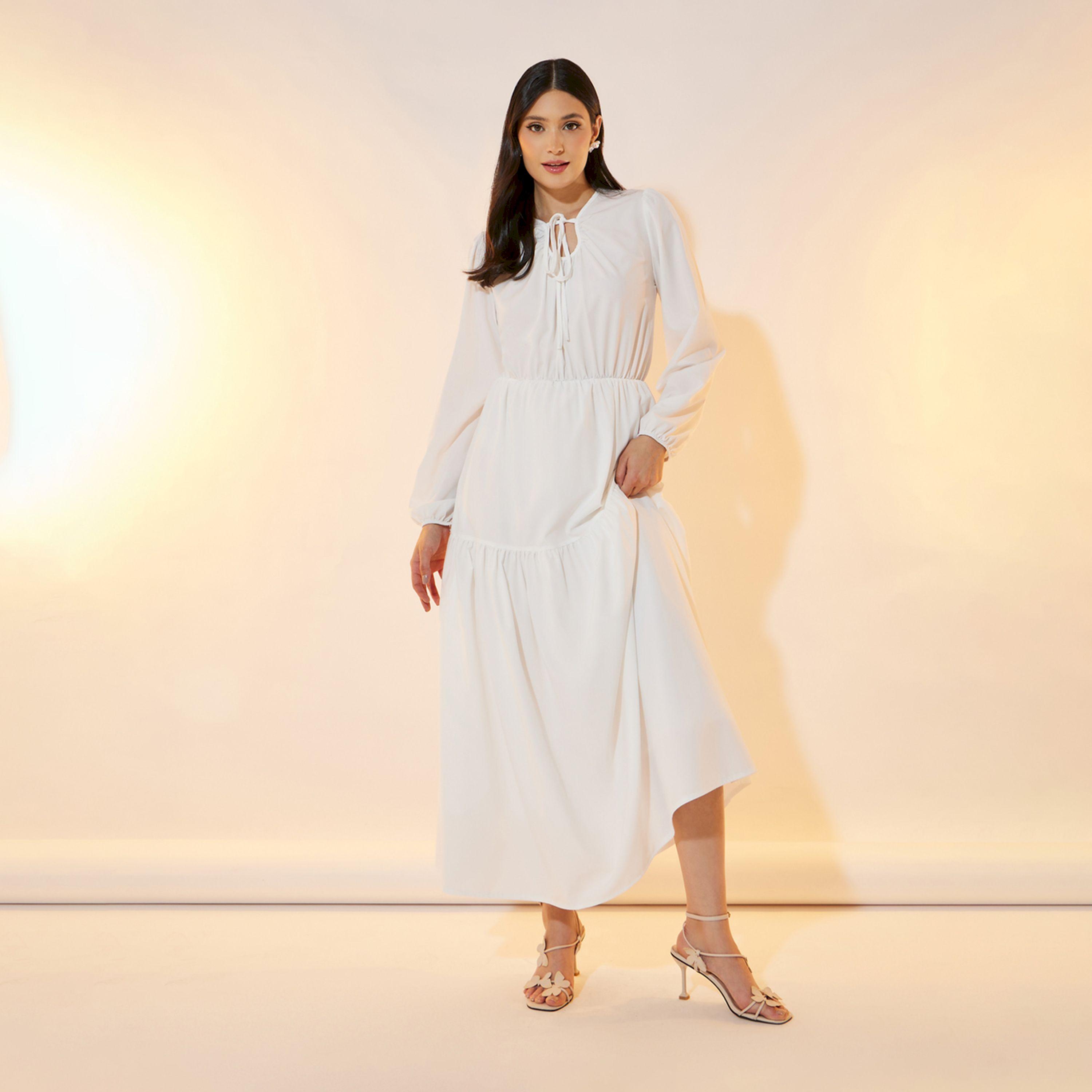 فستان طويل سادة بكسرات وياقة بأربطة-women-clothing-dresses-image-1