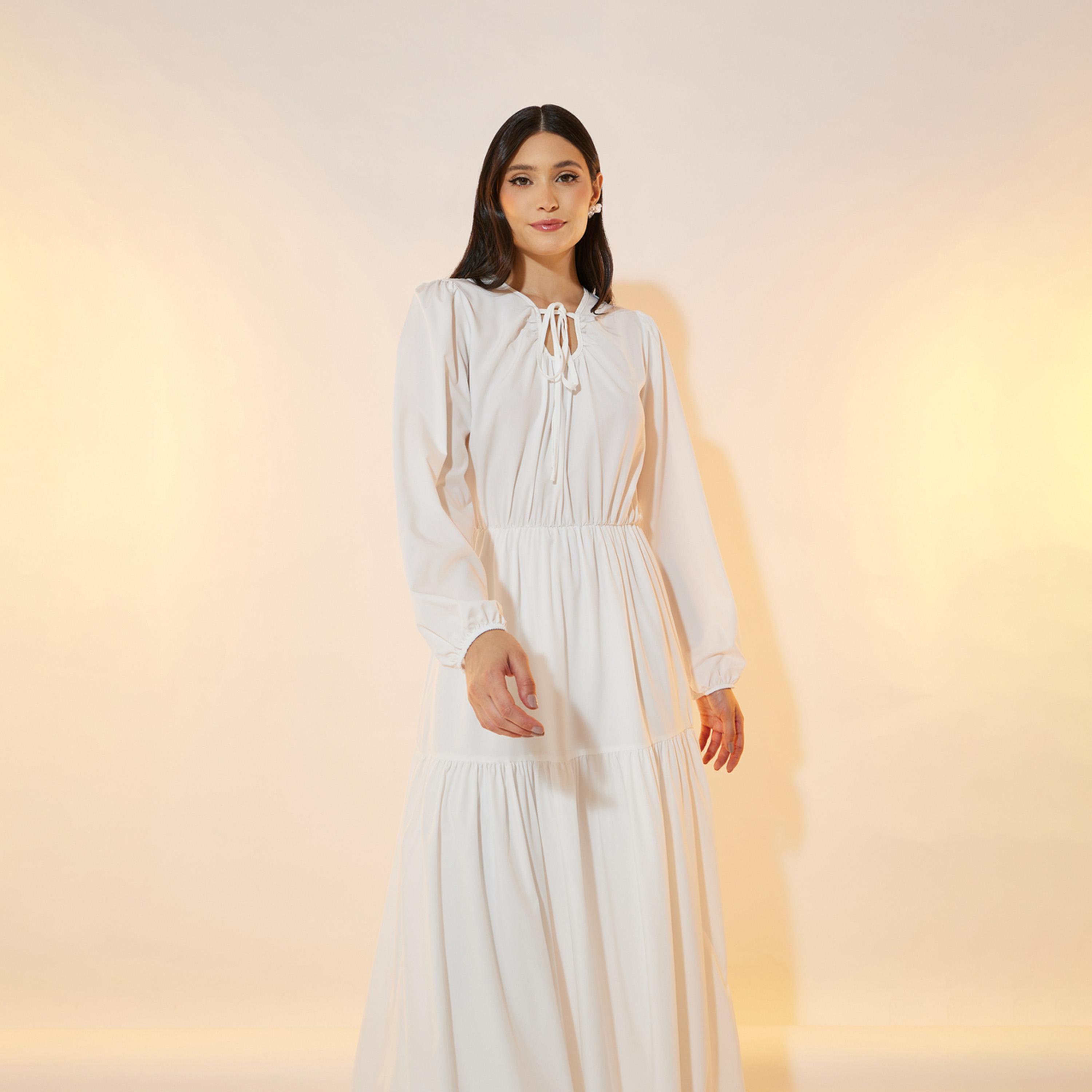 فستان طويل سادة بكسرات وياقة بأربطة-women-clothing-dresses-image-2