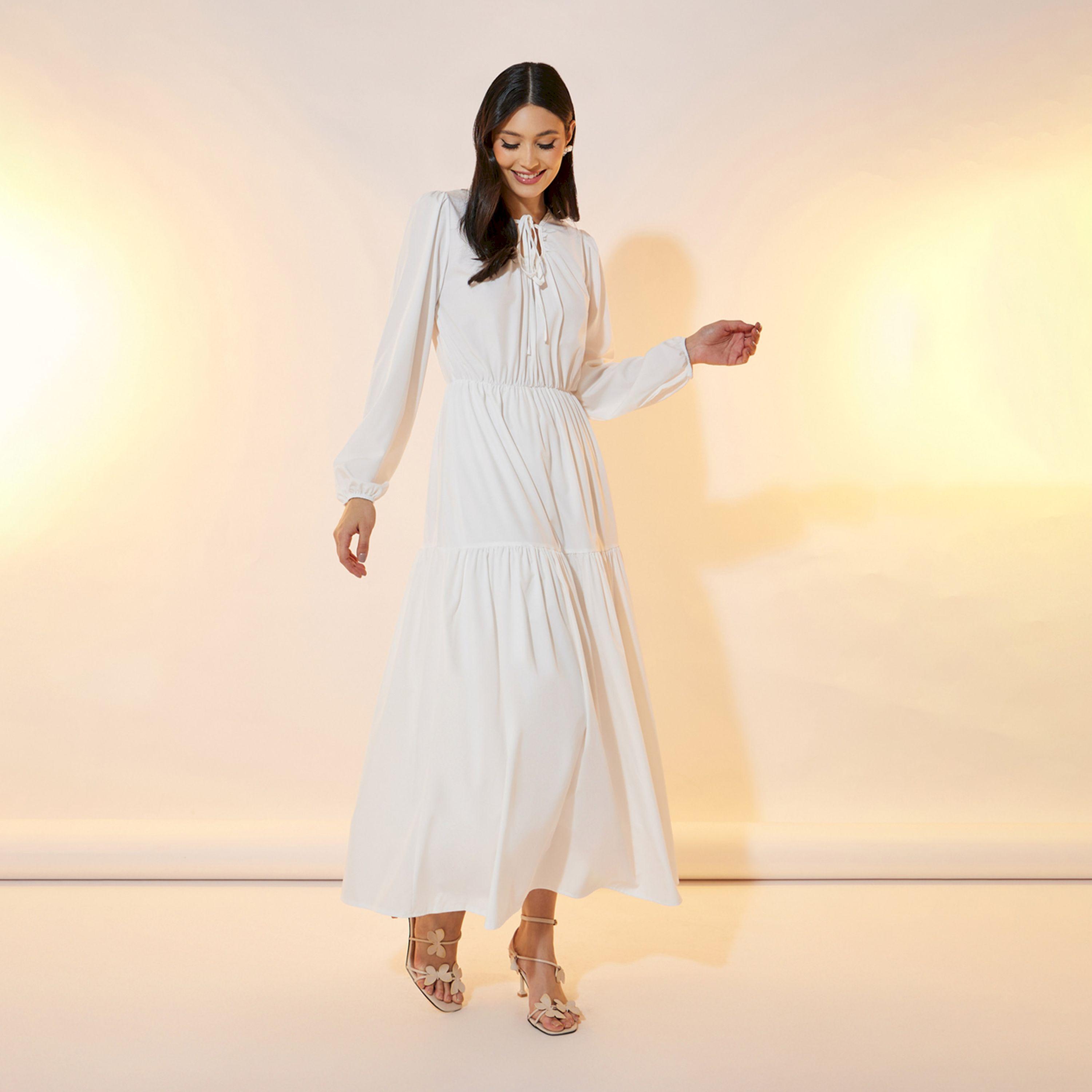 Take Two Solid Tie-Up Neck Tiered Maxi Dress-women-clothing-dresses-image-4