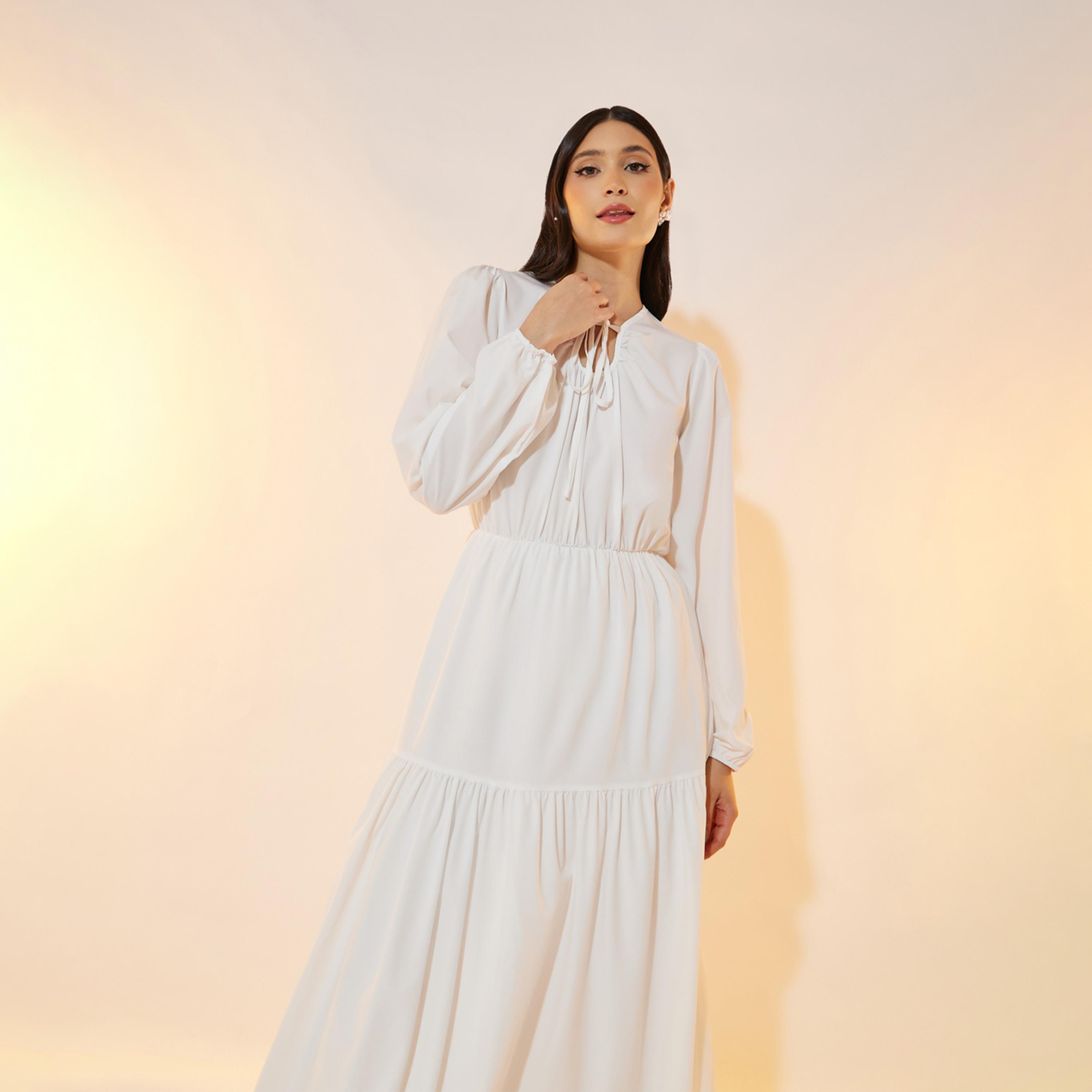 فستان طويل سادة بكسرات وياقة بأربطة-women-clothing-dresses-image-5