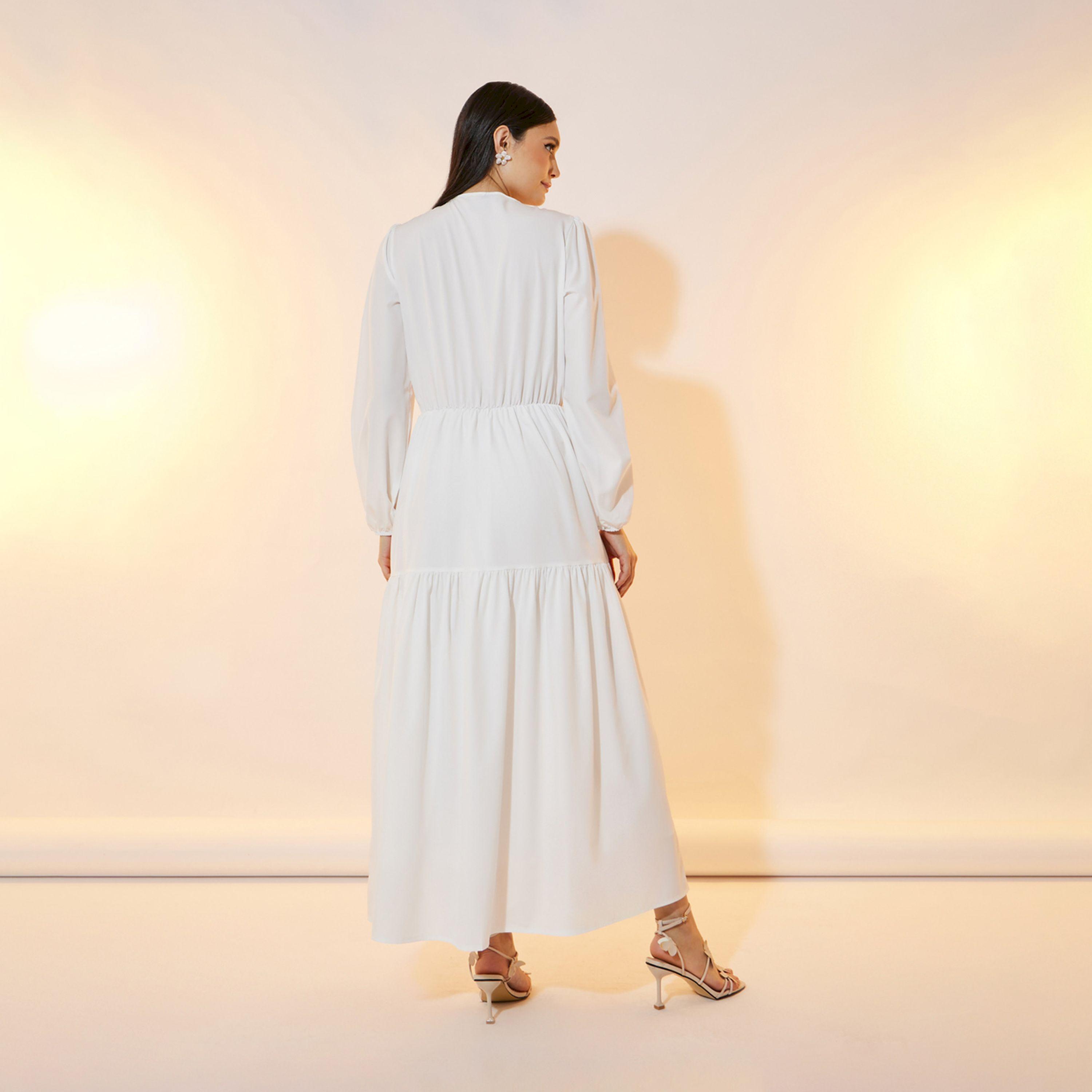 فستان طويل سادة بكسرات وياقة بأربطة-women-clothing-dresses-image-6