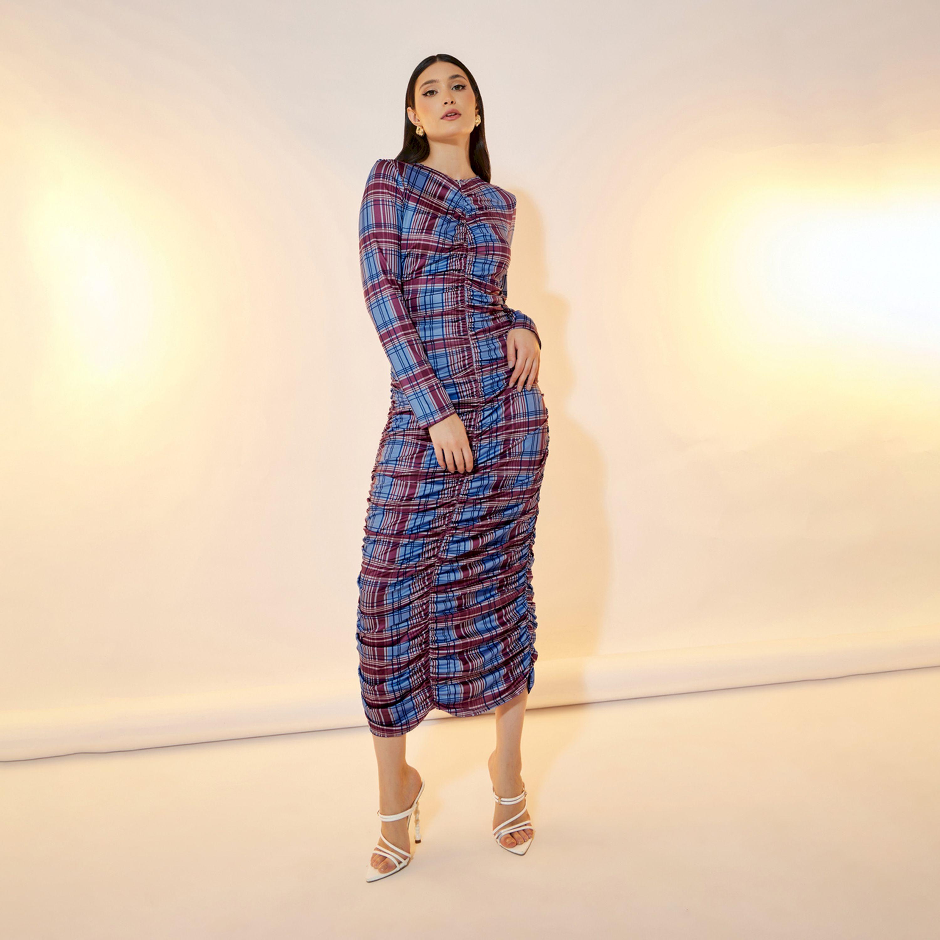 Take Two Check Print Gathered Bodycon Midi Dress-women-clothing-dresses-image-1