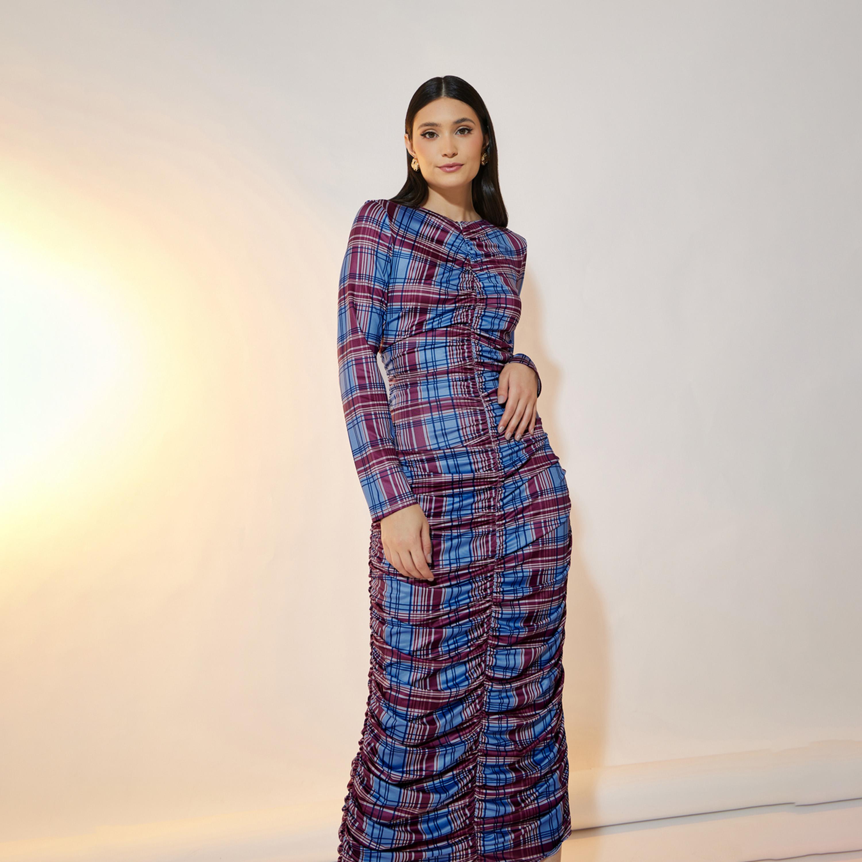 Take Two Check Print Gathered Bodycon Midi Dress-women-clothing-dresses-image-2
