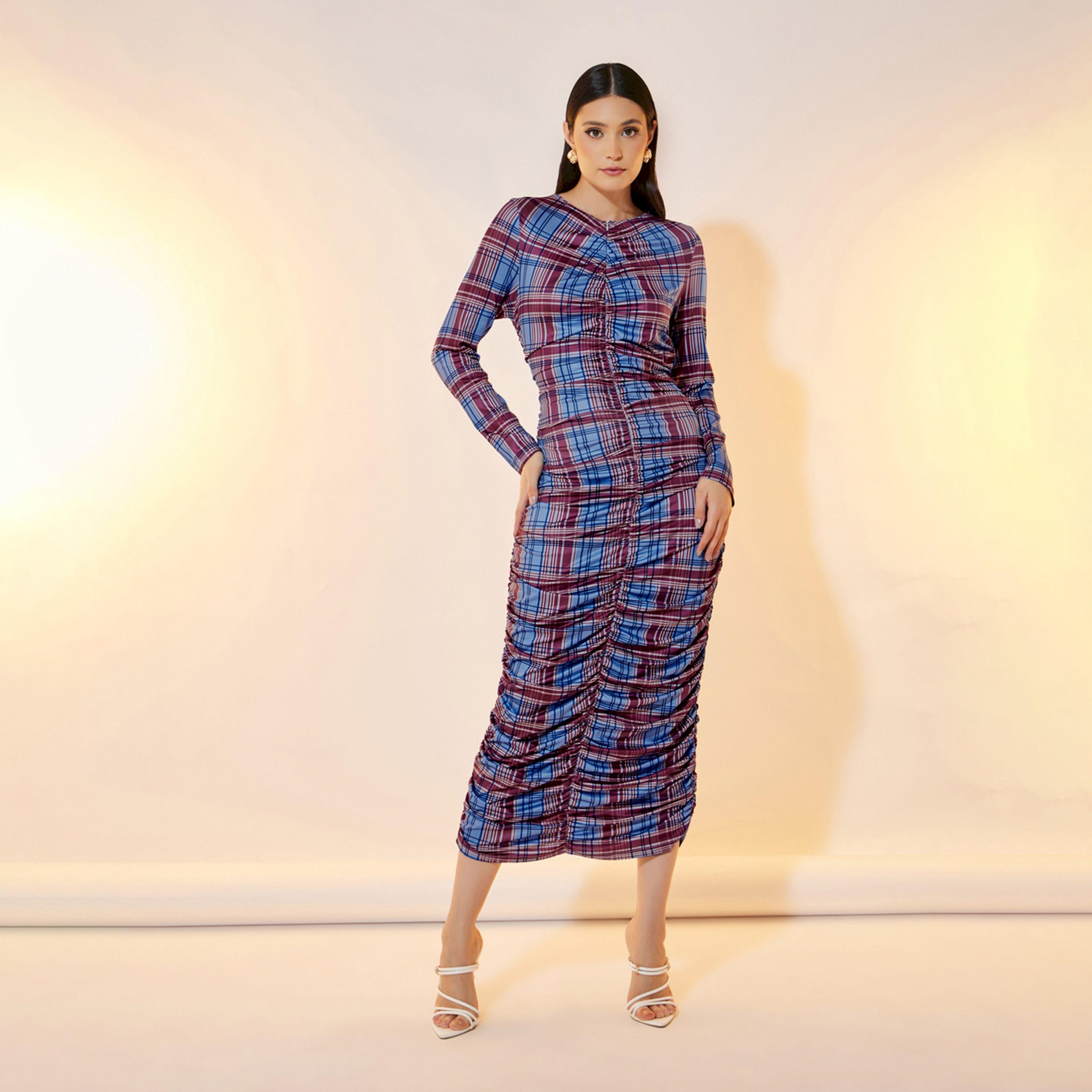 Take Two Check Print Gathered Bodycon Midi Dress-women-clothing-dresses-image-3