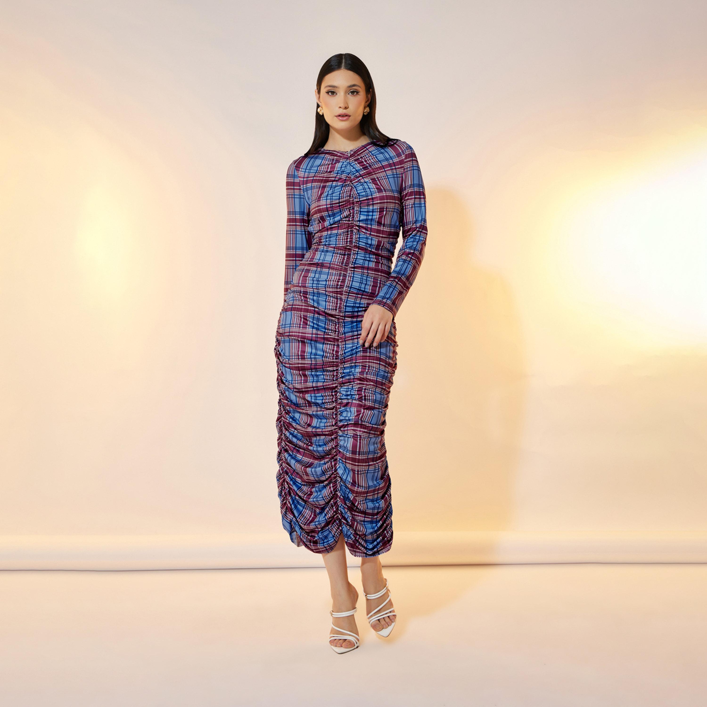 Take Two Check Print Gathered Bodycon Midi Dress-women-clothing-dresses-image-5