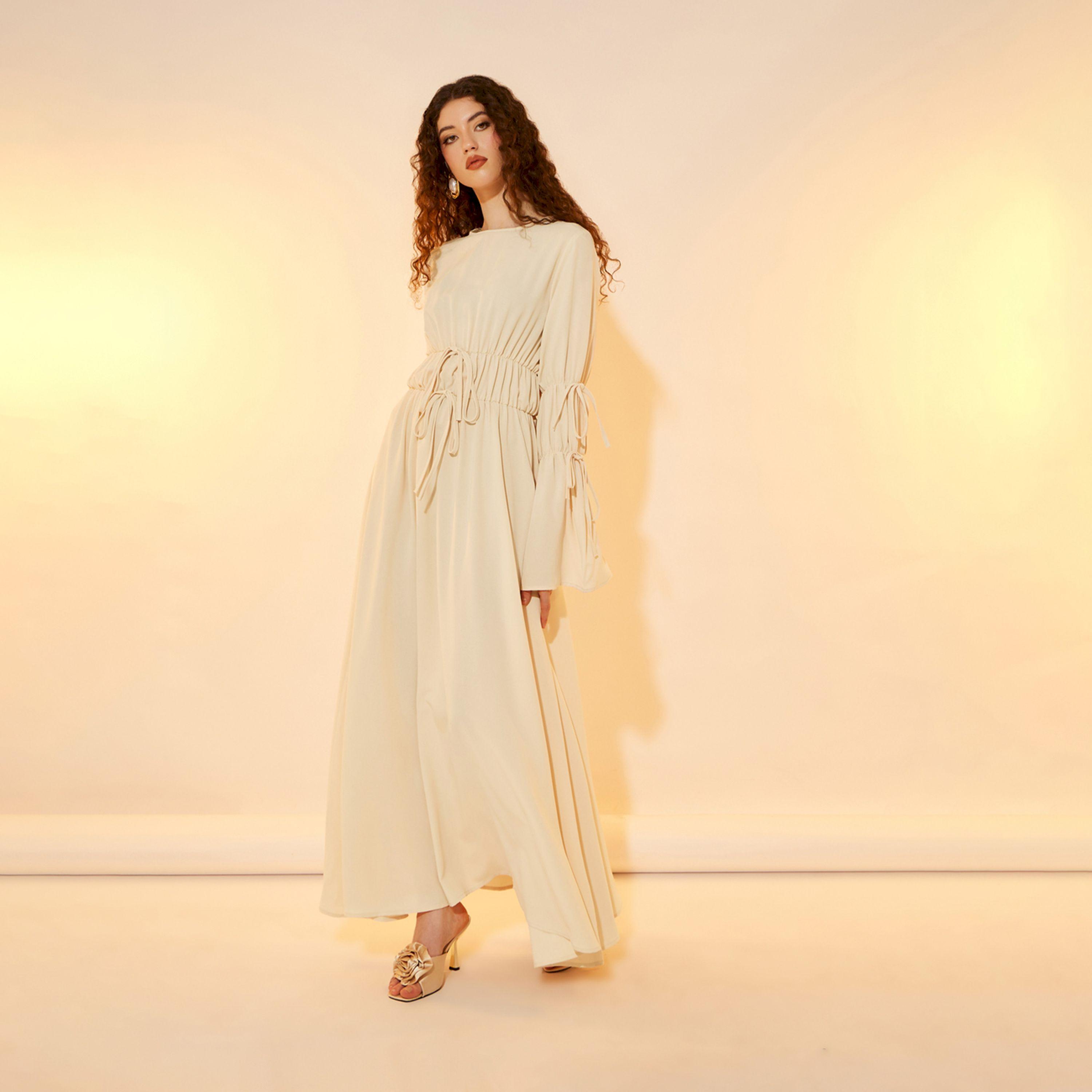 فستان طويل سادة بأكمام جرس مع أربطة-women-clothing-dresses-image-1
