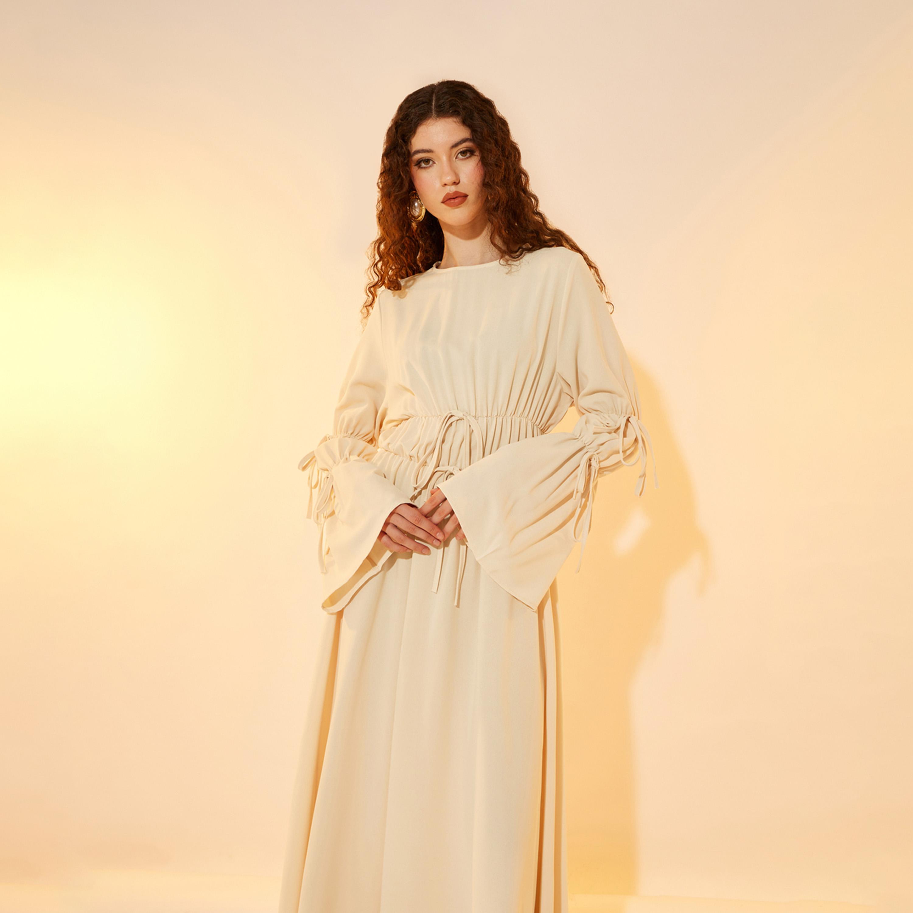 Take Two Solid Tie-Up Detail Bell Sleeves A-Line Maxi Dress-women-clothing-dresses-image-2