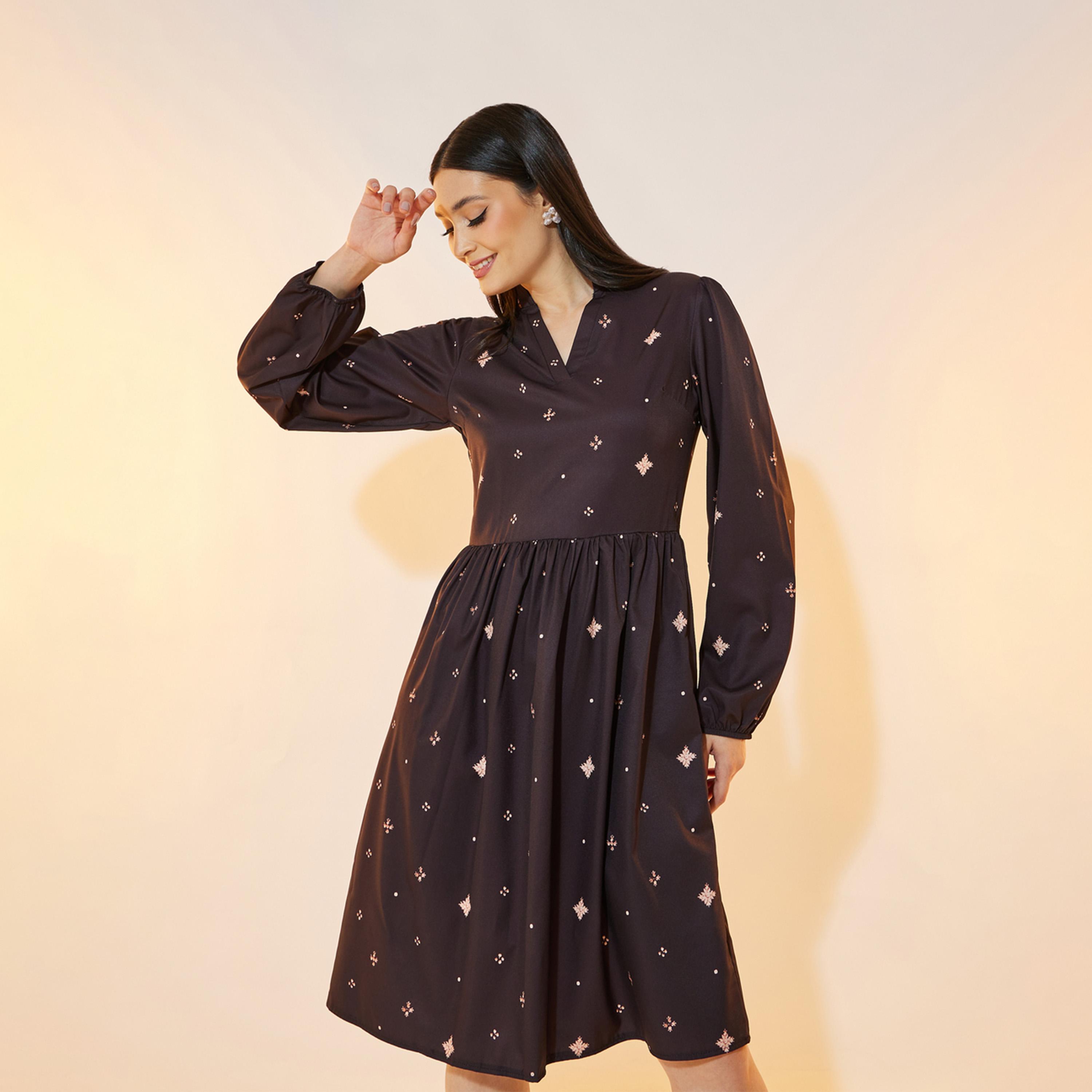 Take Two Ditsy Print V Neck A-Line Knee Length Dress-women-clothing-dresses-image-1