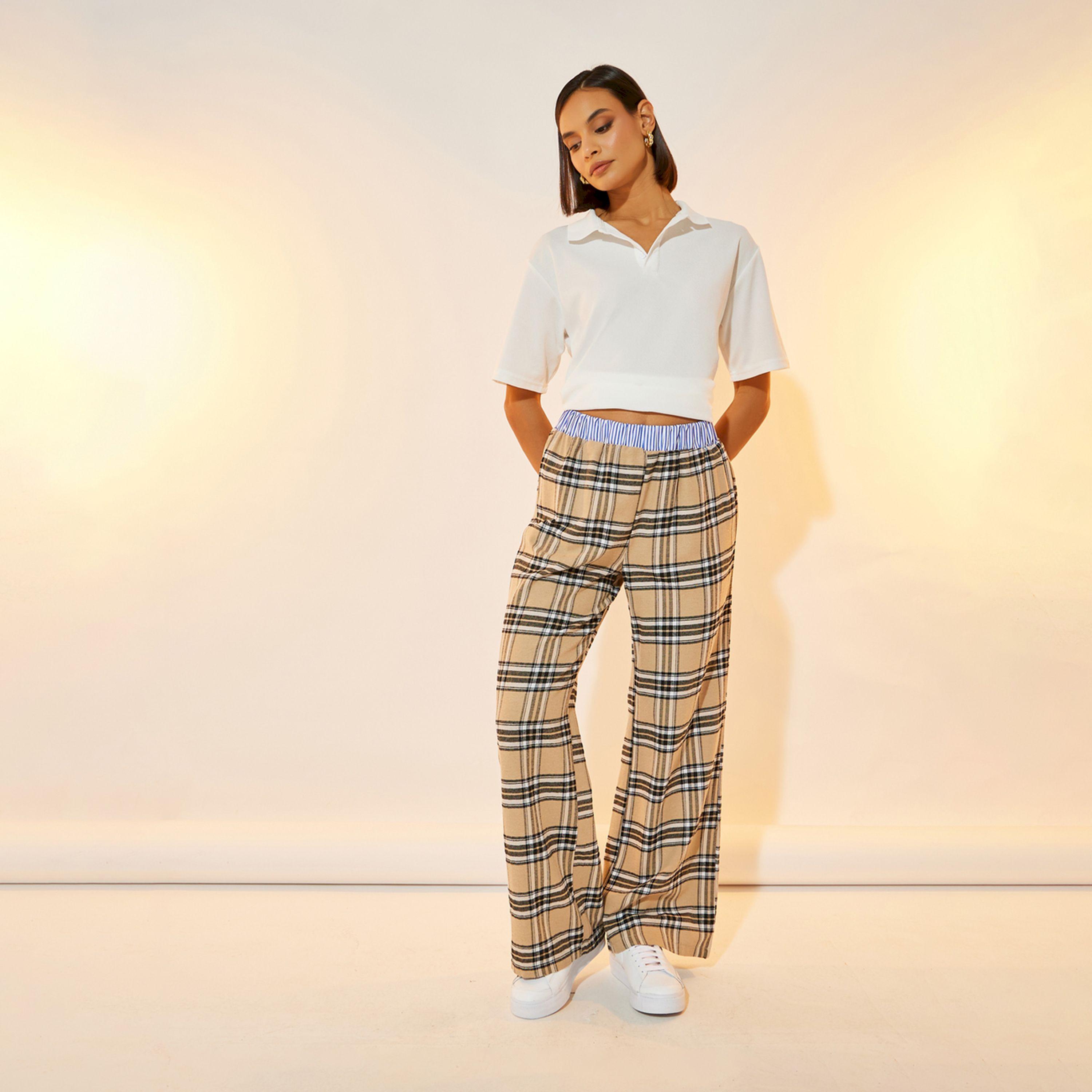 Take Two Check Waist Contrast Detail Wide Leg Pants-women-clothing-bottoms-trousers-image-1