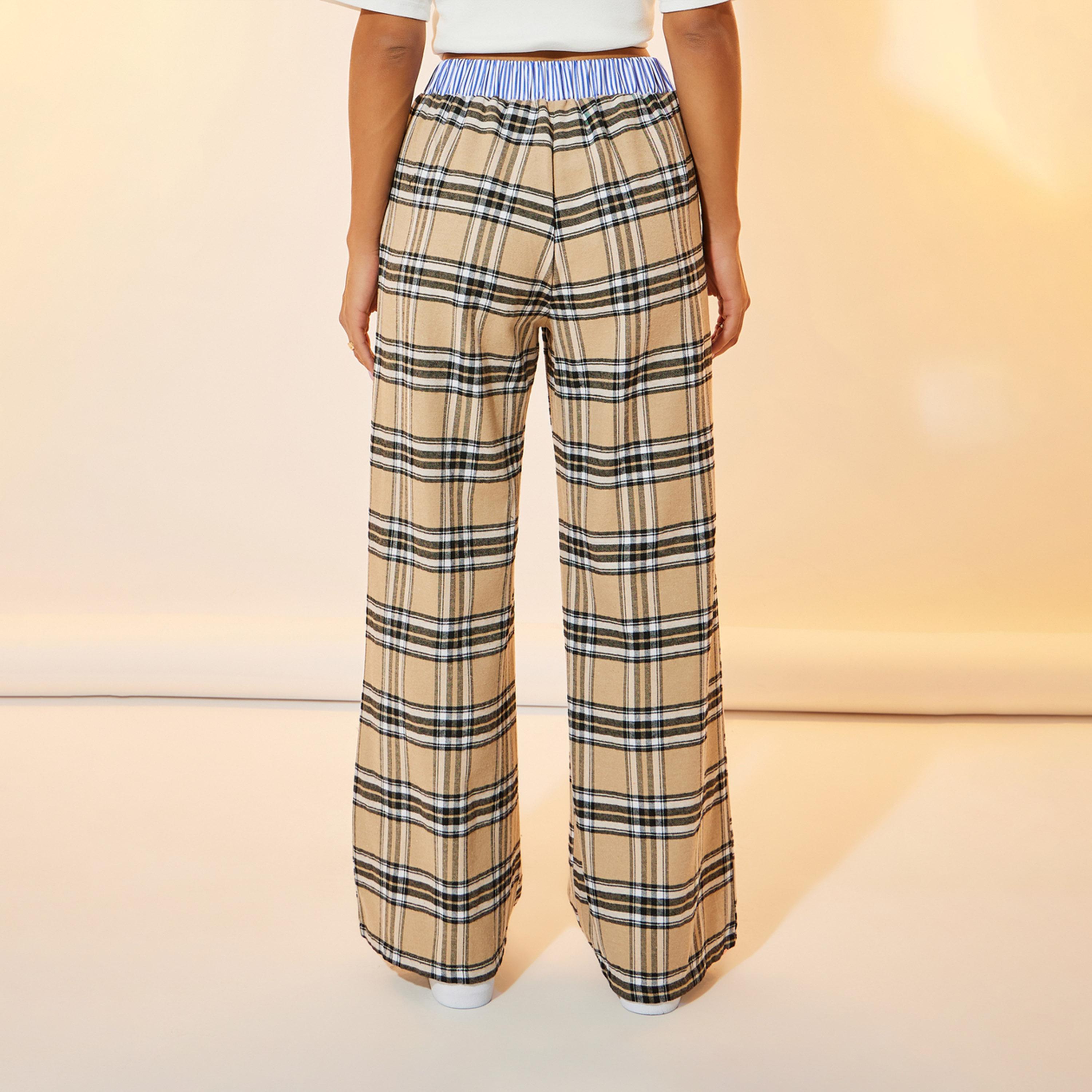 Take Two Check Waist Contrast Detail Wide Leg Pants-women-clothing-bottoms-trousers-image-4