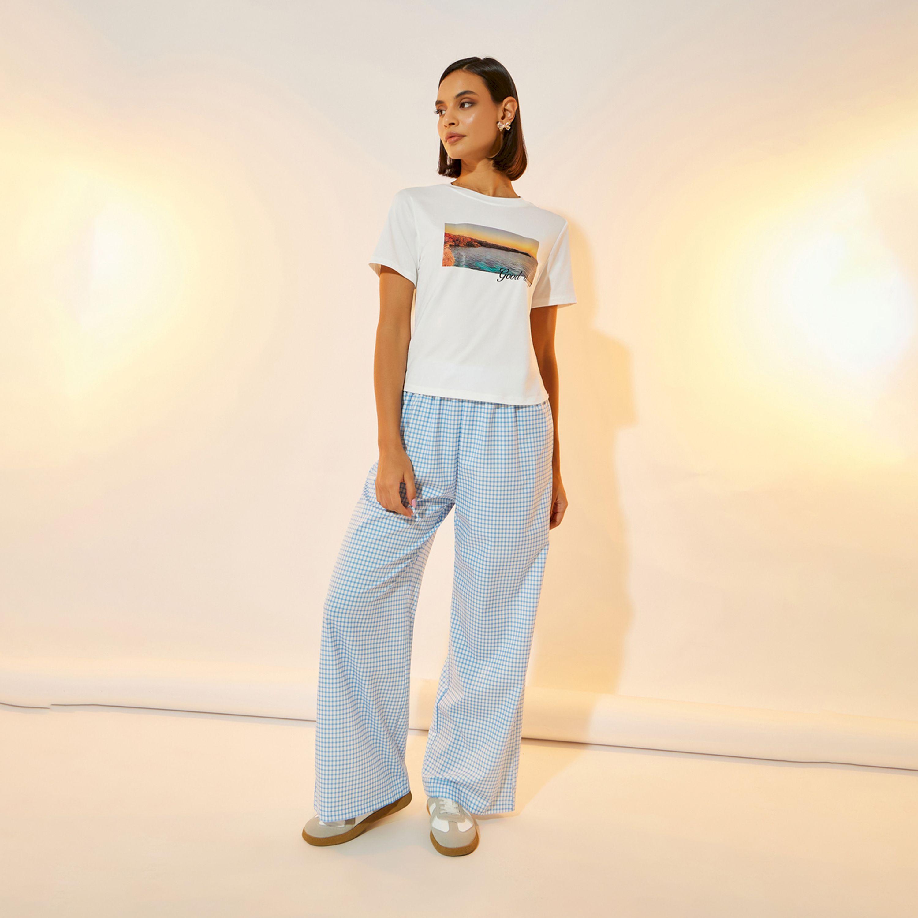 Take Two Graphic Print Round Neck T-Shirt and Gingham Check Pants Co-Ords-women-clothing-coordsets-image-1