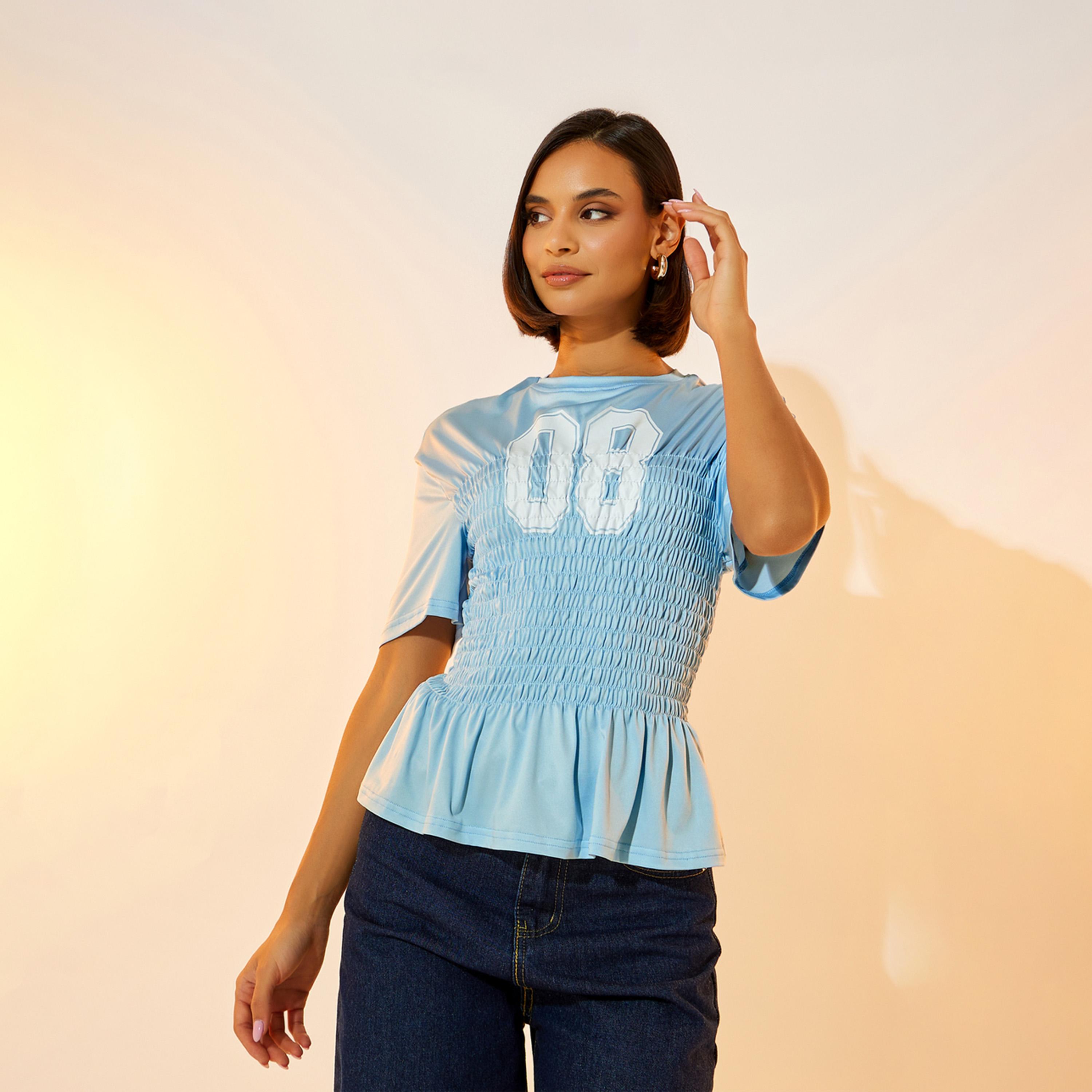 Take Two Graphic Print Round Neck Smocking Detail T-Shirt-women-clothing-tshirts-image-1