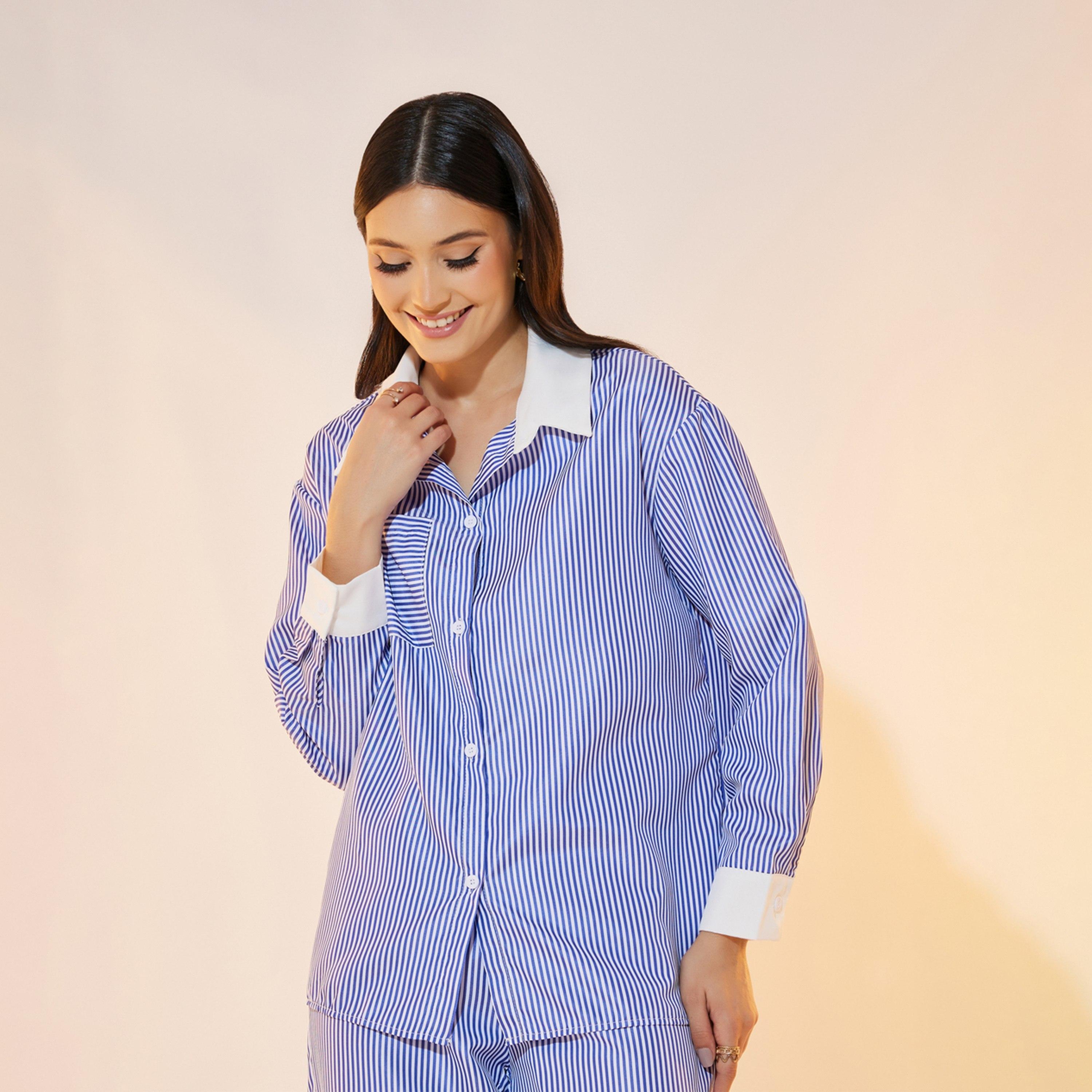 Take Two Stripe Contrast Color Shirt and Pants with Drawstring Co-Ords-women-clothing-coordsets-image-2