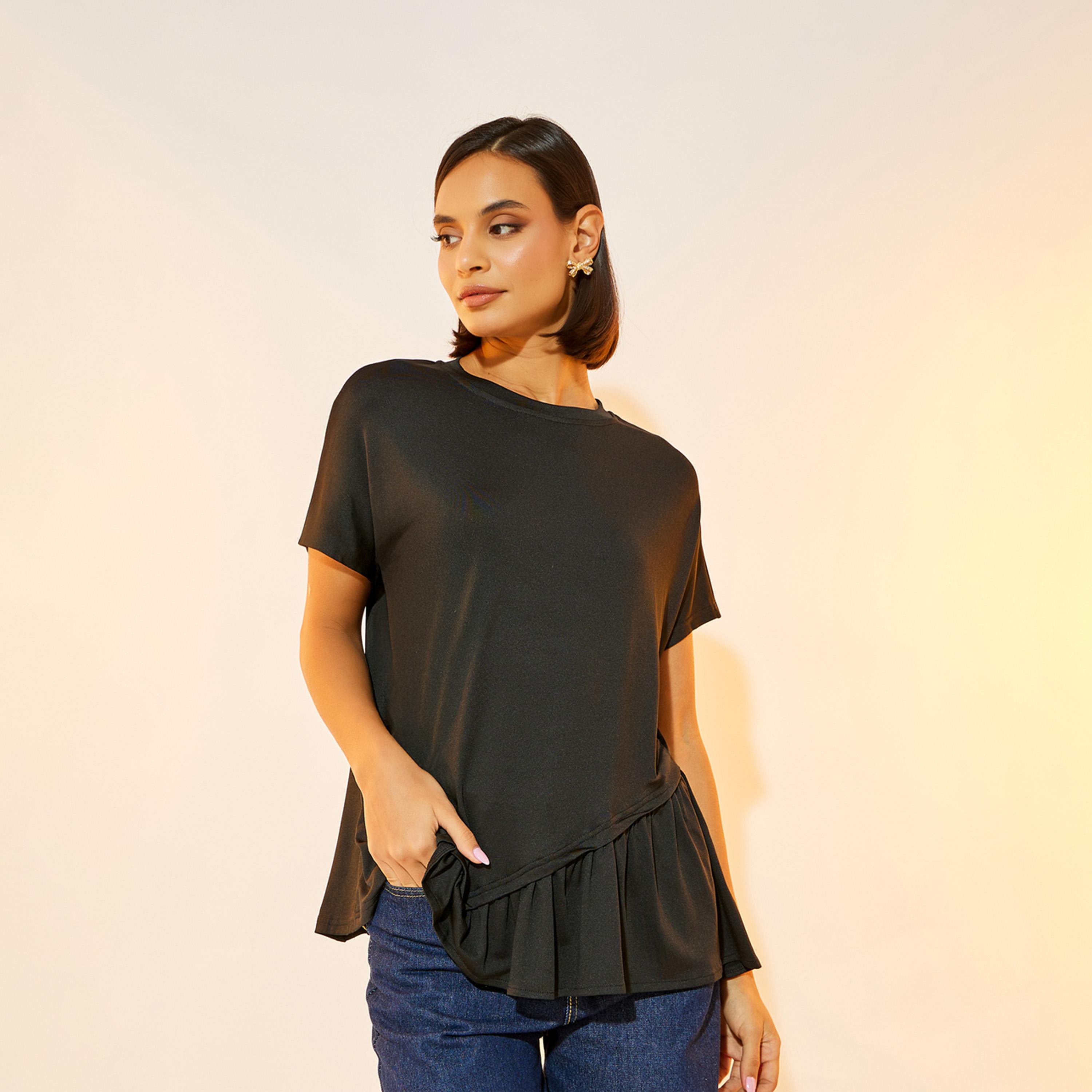 Take Two Solid Round Neck Ruffled Detail T-shirt-women-clothing-tshirts-image-1