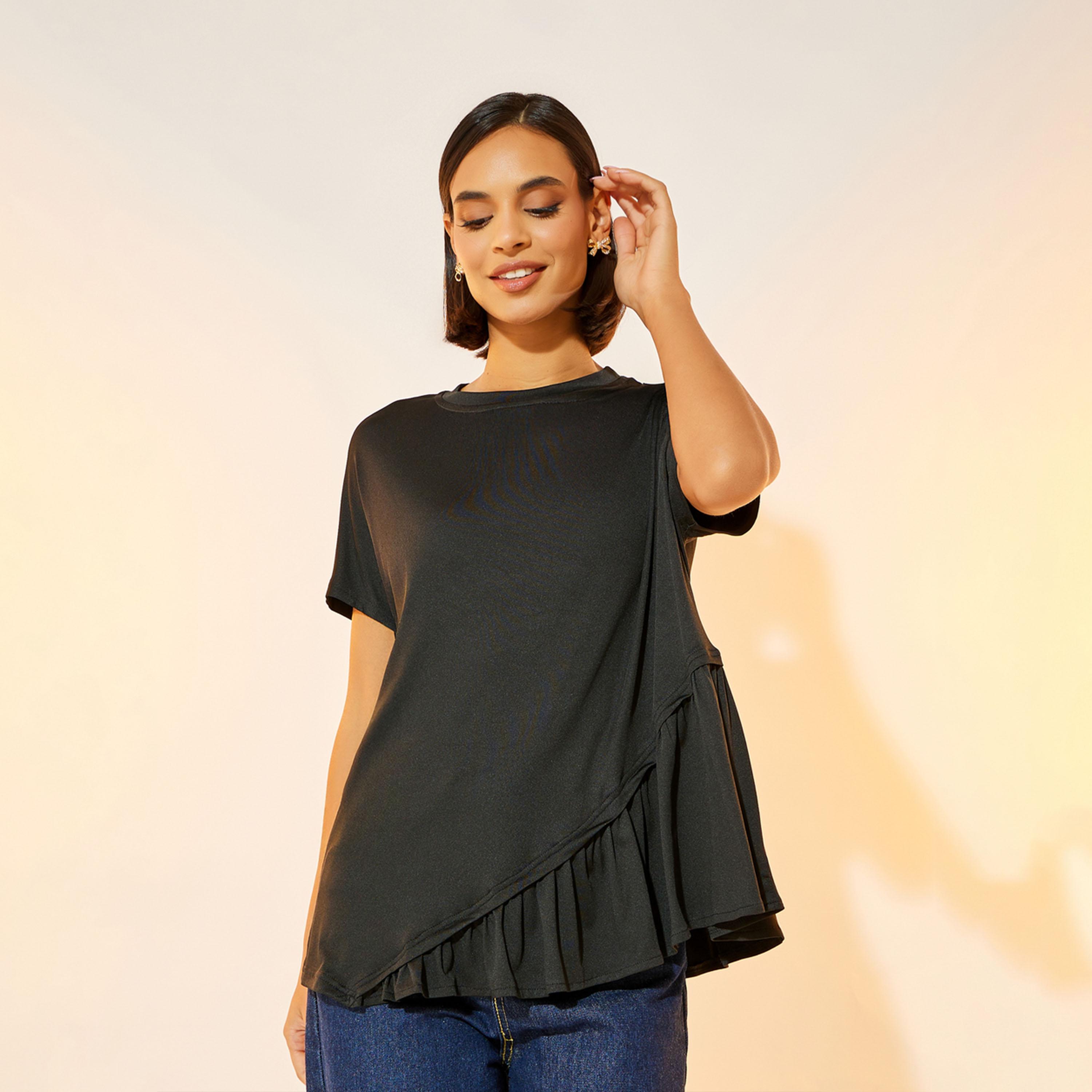 Take Two Solid Round Neck Ruffled Detail T-shirt-women-clothing-tshirts-image-3