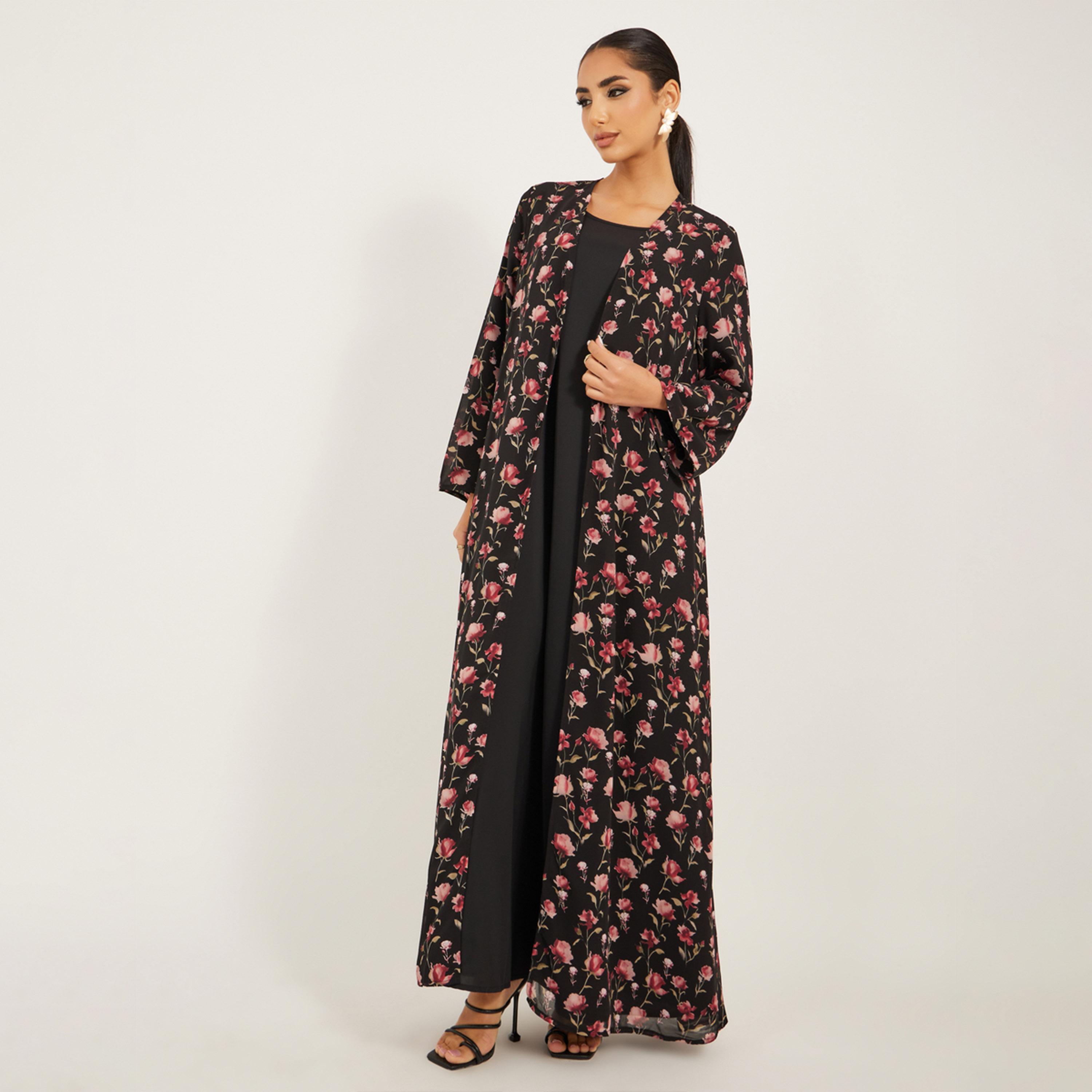 أميرة x ستايلي مجموعة من فستان سادة وعباية بطبعة زهور-women-arabicclothing-sets-image-2
