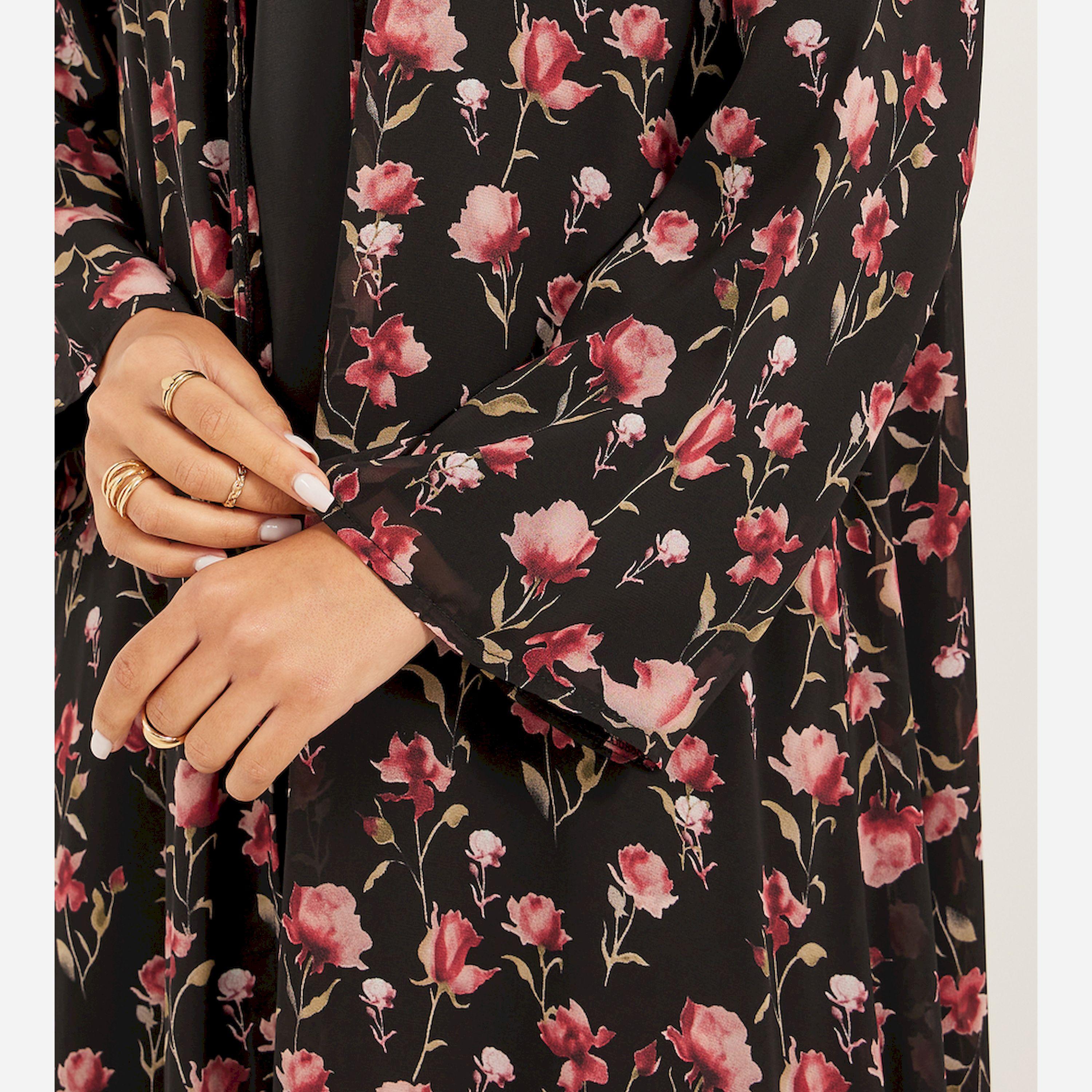 أميرة x ستايلي مجموعة من فستان سادة وعباية بطبعة زهور-women-arabicclothing-sets-image-4