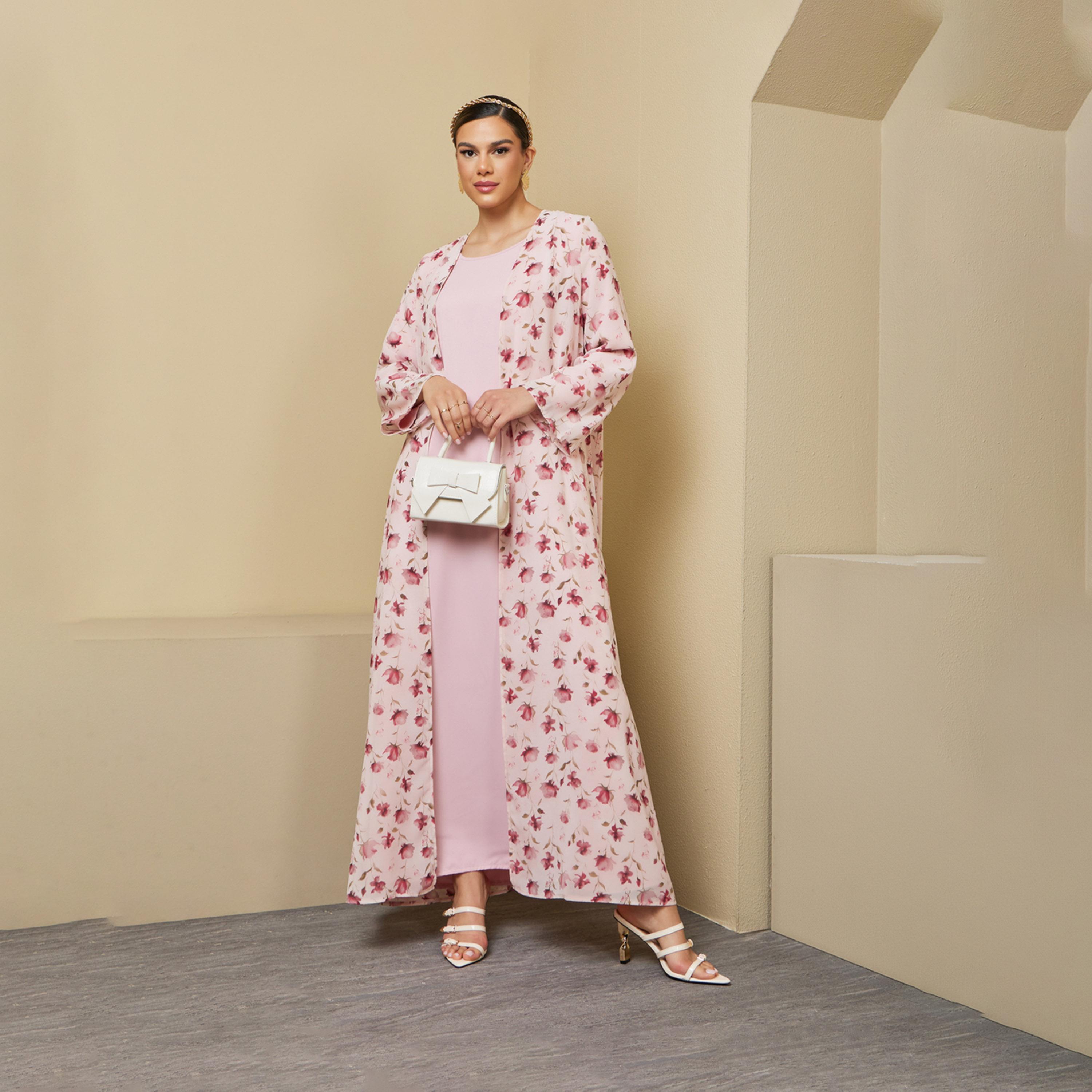 أميرة x ستايلي طقم من عباية بطبعة زهور وفستان سادة-women-arabicclothing-sets-image-1