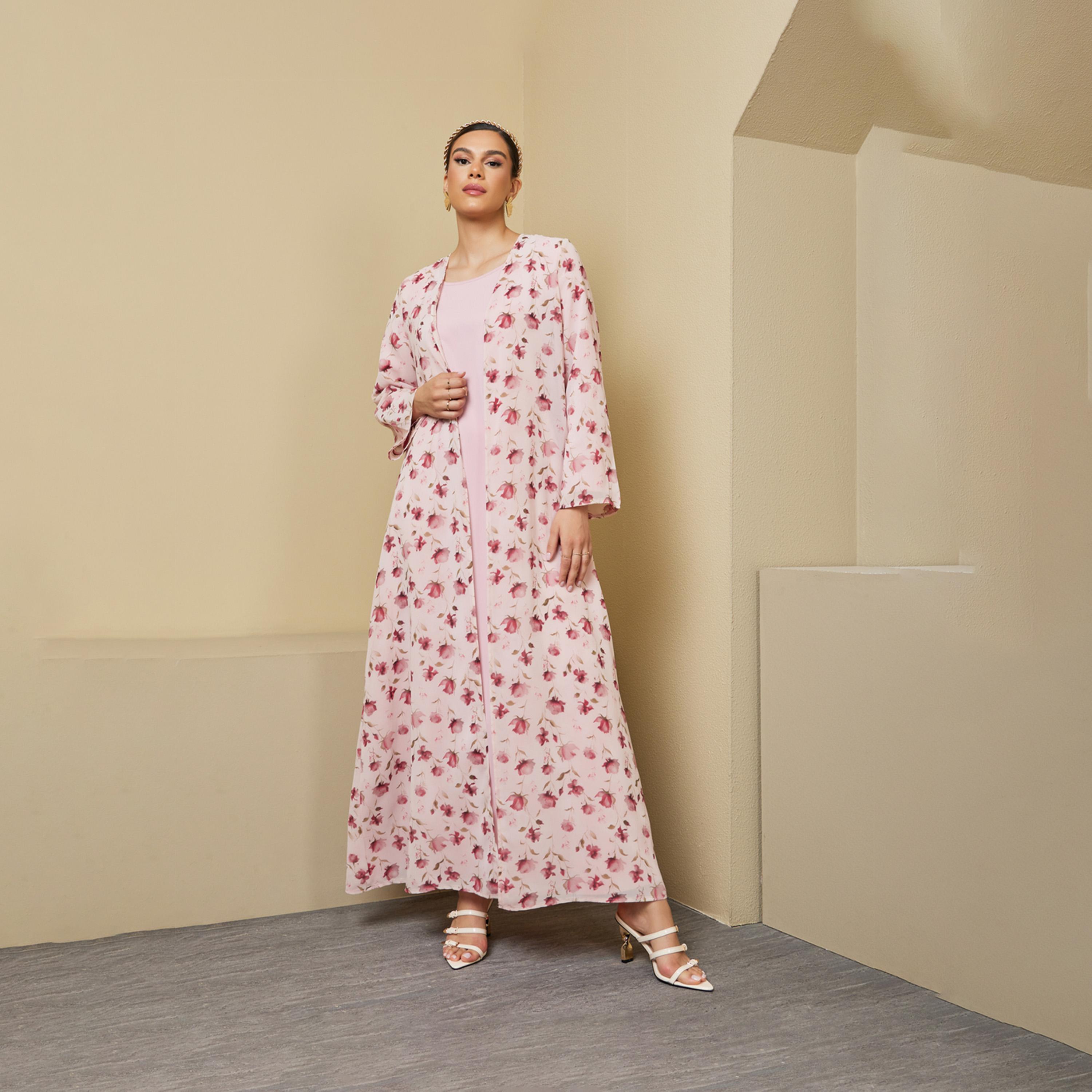 أميرة x ستايلي طقم من عباية بطبعة زهور وفستان سادة-women-arabicclothing-sets-image-2