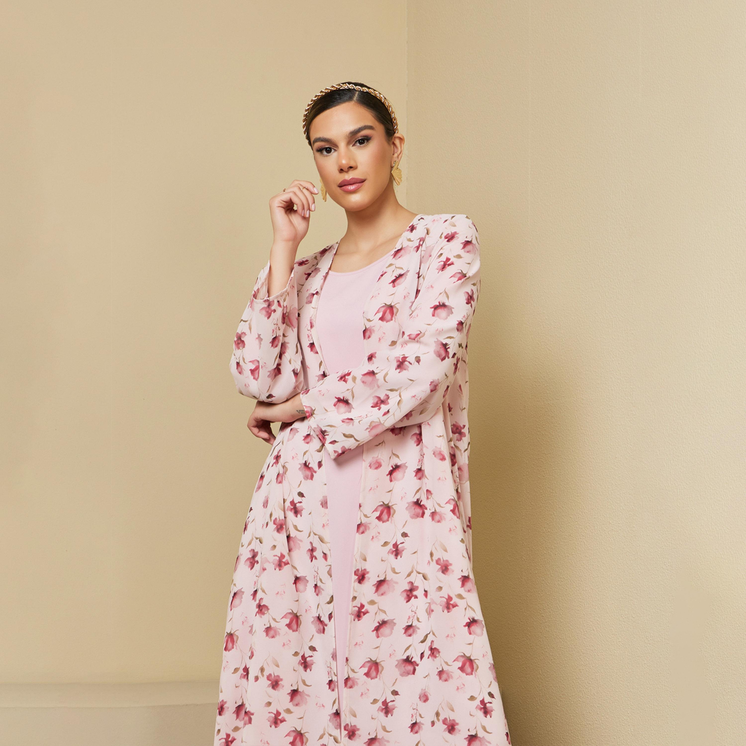 أميرة x ستايلي طقم من عباية بطبعة زهور وفستان سادة-women-arabicclothing-sets-image-3