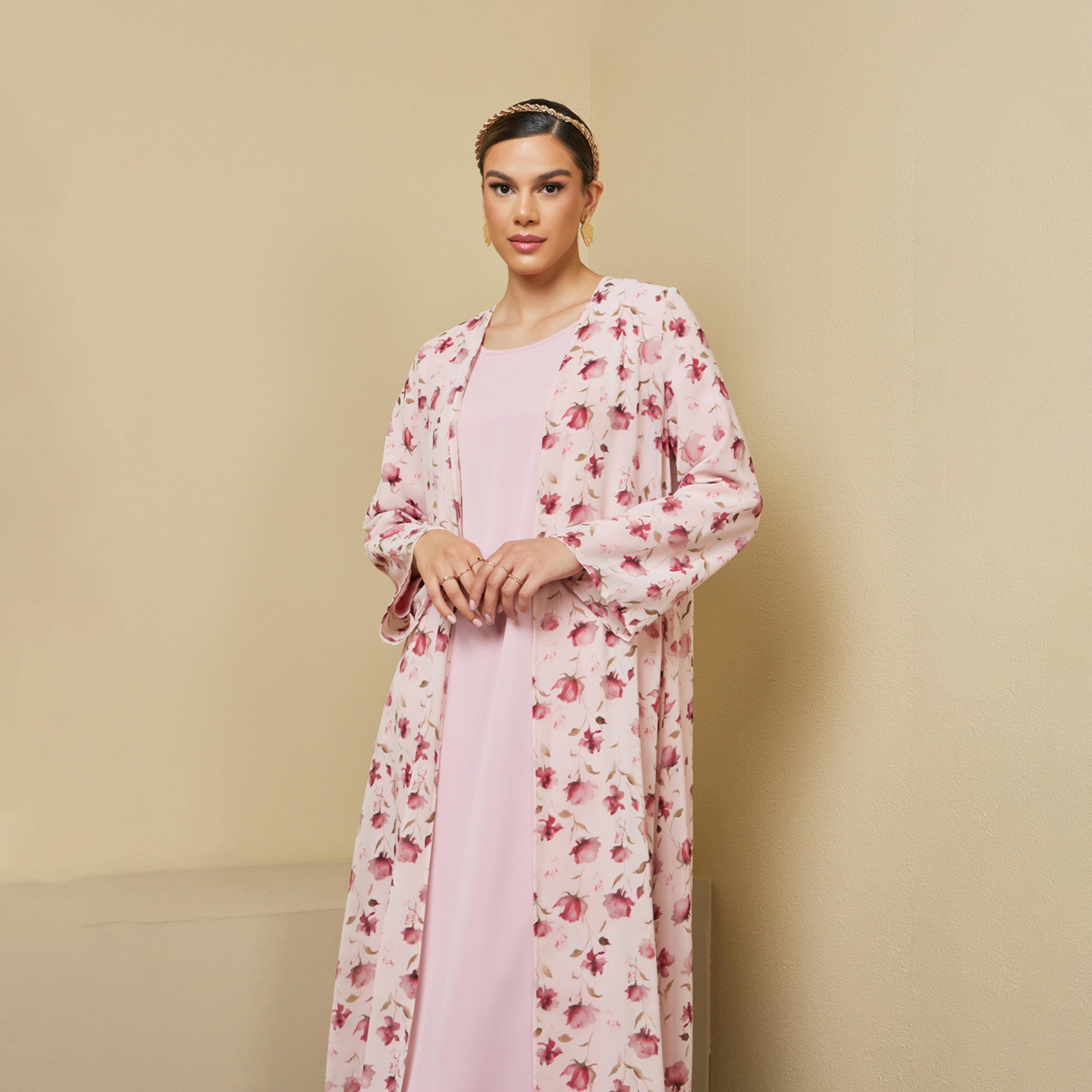 أميرة x ستايلي طقم من عباية بطبعة زهور وفستان سادة-women-arabicclothing-sets-image-4