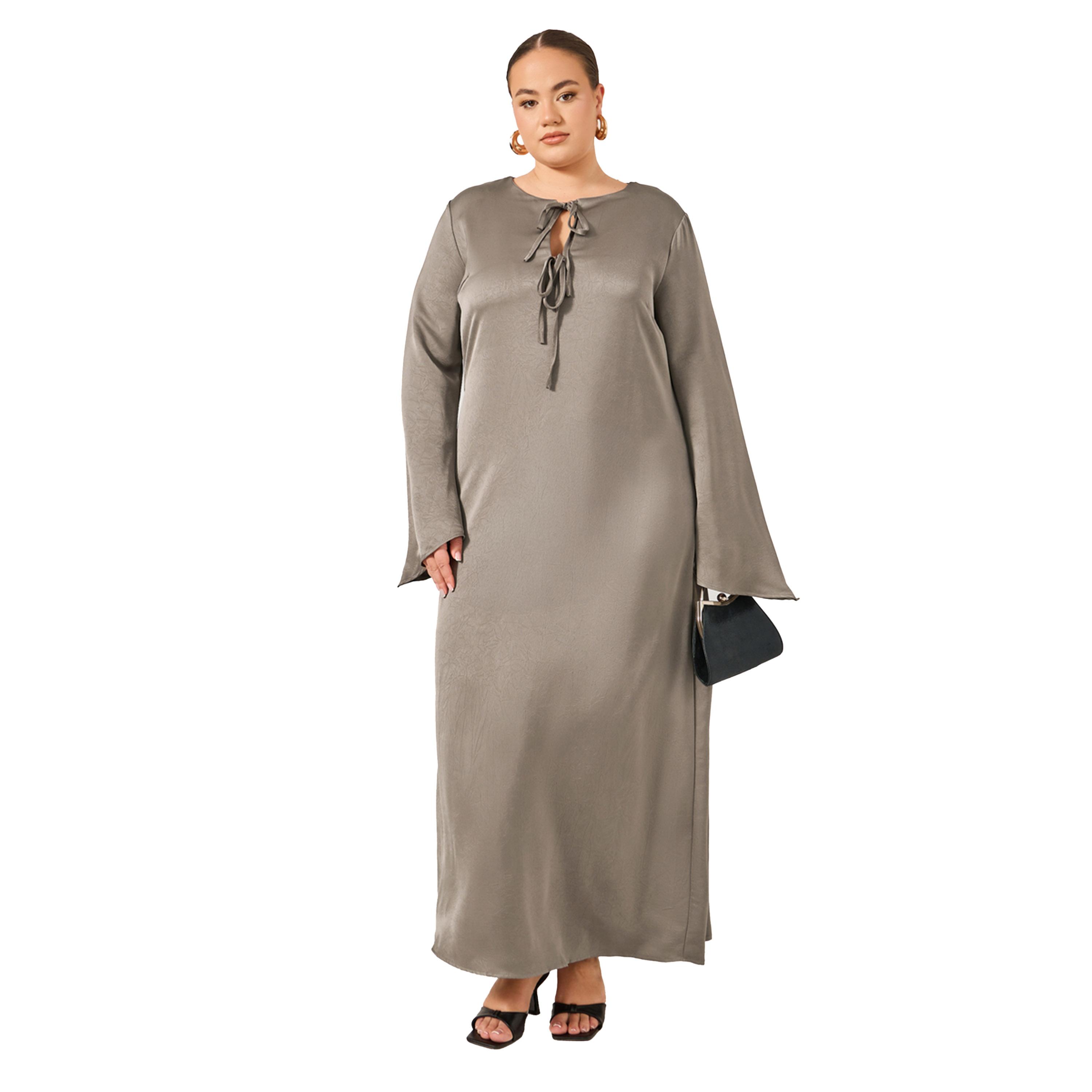 Styli Plus Size Textured Tie-Up Neck A-Line Maxi Dress-women-clothing-dresses-image-1